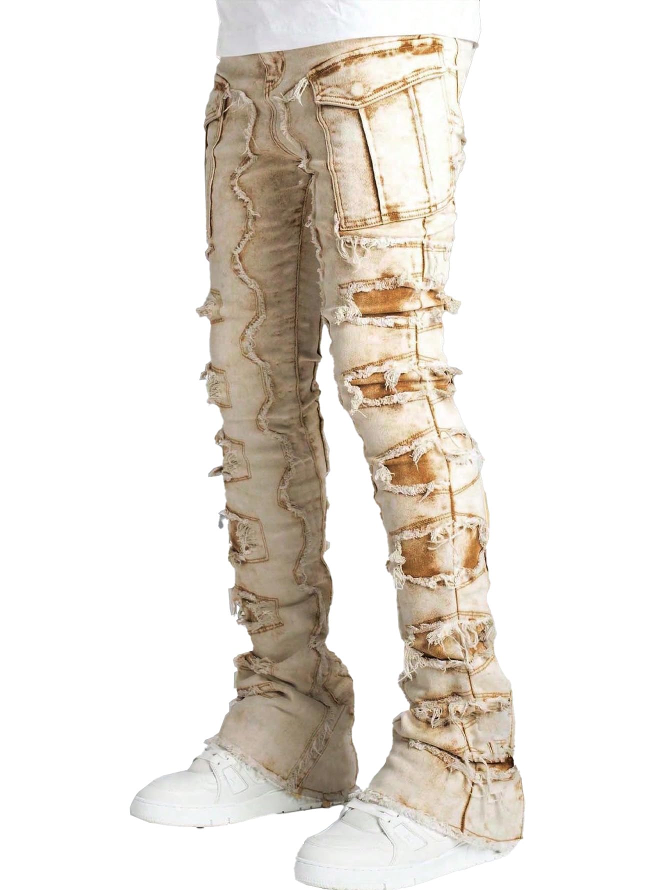 Distressed Ripped Jeans, Blue Denim, Heavily Frayed Straight Leg, Streetwear Style, Unisex