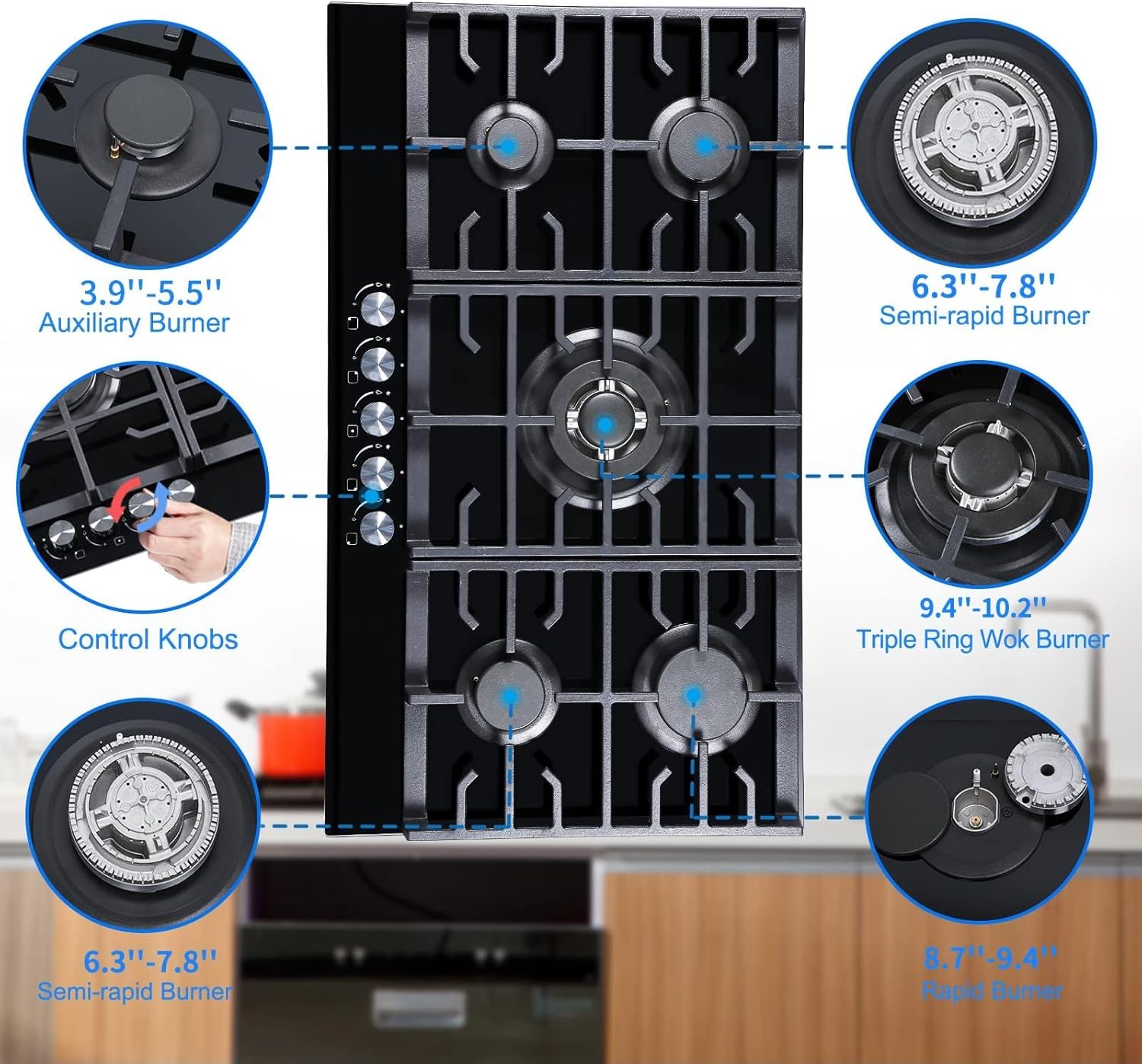 Davivy 5 Burners Built In Gas Cooktop 34 Inch, All Black Tempered Glass Surface Stove Top, 36004 BTU Dual Fuel NG/LPG Convertible, Easy Installation Cooktop with Thermocouple Protection, CSA Certified