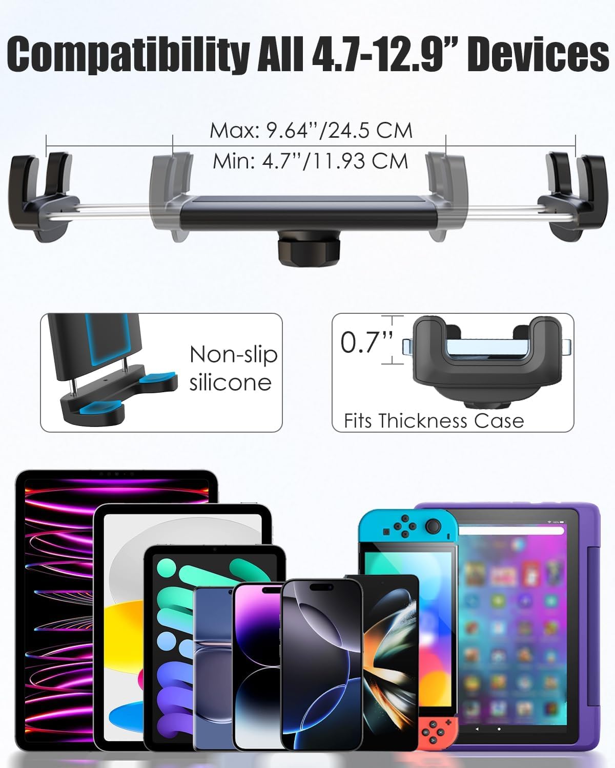 Supporto portatile per tablet per sedia a rotelle [versione Pro] con braccio in alluminio da 24 cm, regolabile a 360°, per iPad Pro/Air, iPhone 15/14, Galaxy Z Fold 5, E-Reader