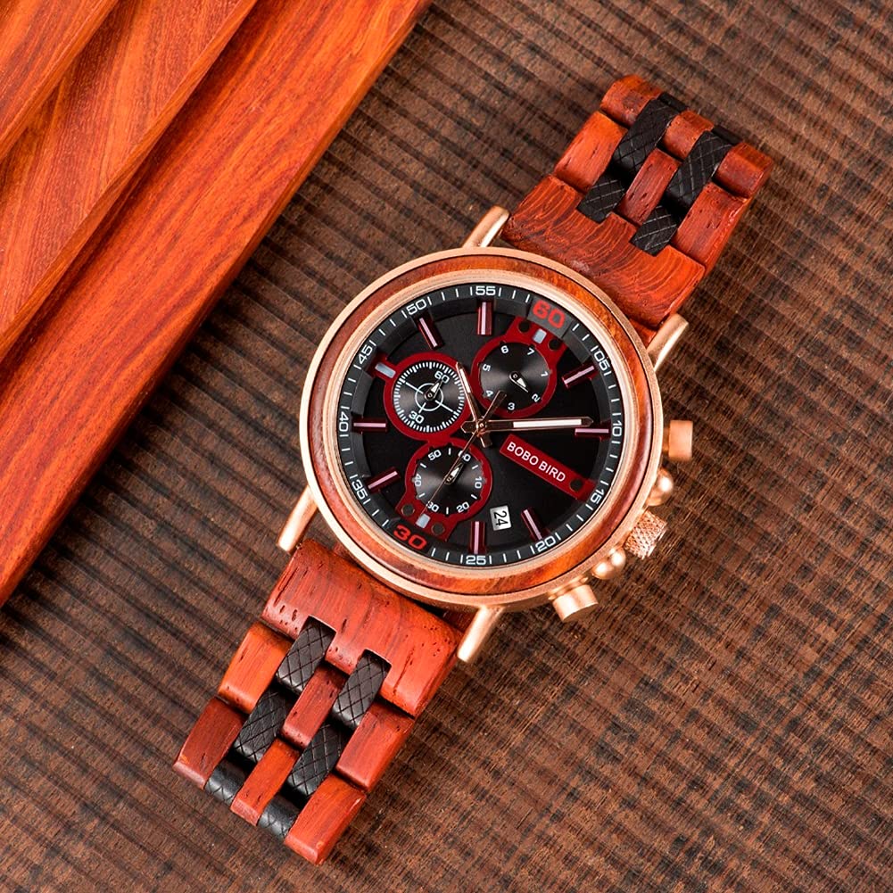 Relojes de Madera para Hombre, Reloj Casual de Negocios con Sub-Esfera AnalóGica de Cuarzo, Pantalla de Fecha CronóGrafo Manecillas Luminosas, Correa de Madera Ajustable