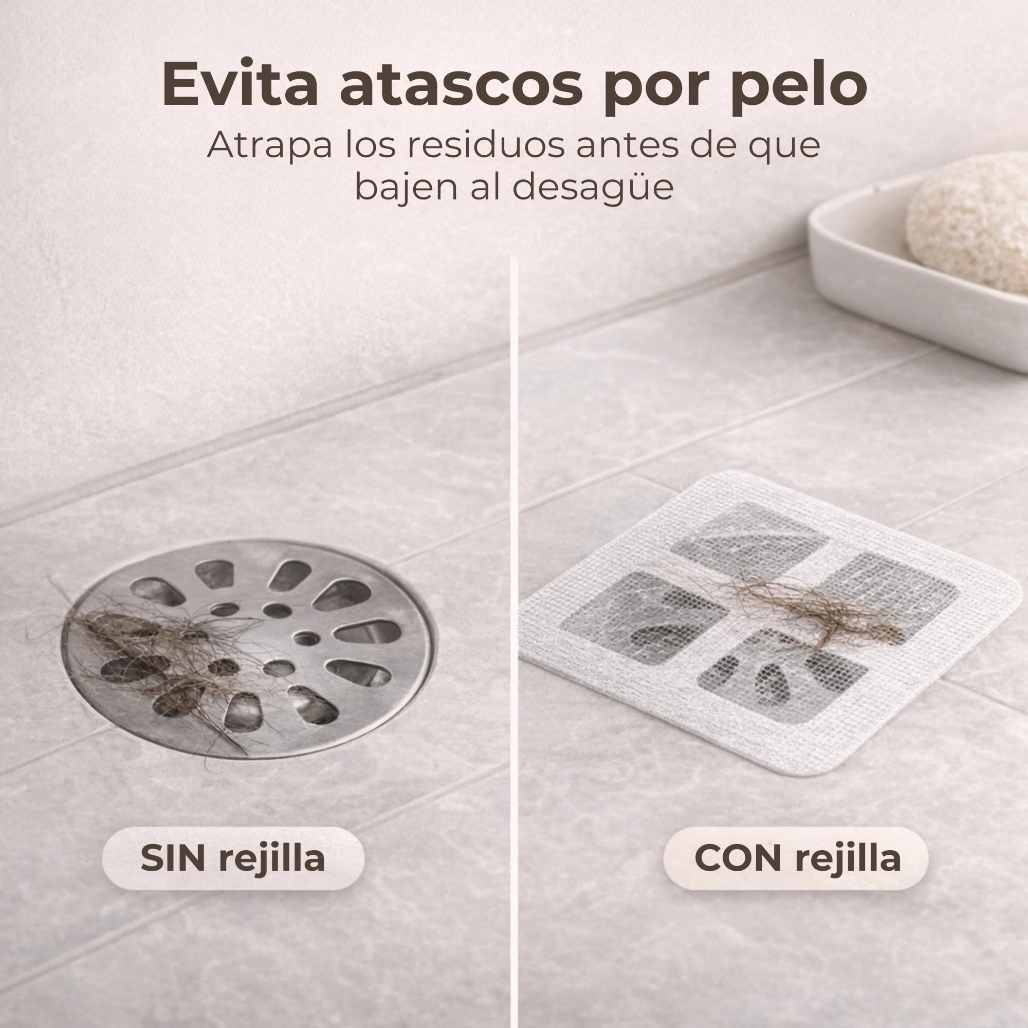Rejilla Desague Ducha (50 Piezas) | Atrapa Pelos Ducha Adhesivo 10x10 cm | Filtro Desague Ducha Antipelos Desechable | Evita Atascos en Baño