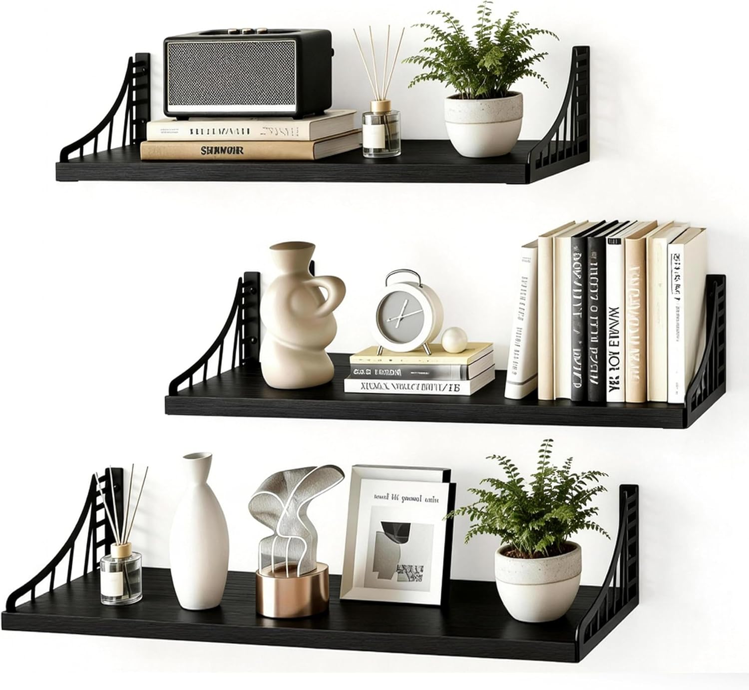 SRIWATANA Floating Shelves for Wall Decor, Bridge Design Wood Wall Shelves for Bedroom, Bathroom, Living Room & Kitchen, Set of 3 (Black)
