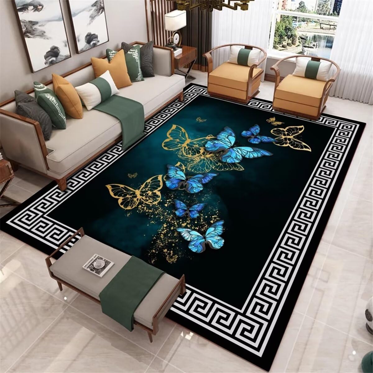 Tapis lavable bleu papillon 70x140cm idéal pour chambre enfant