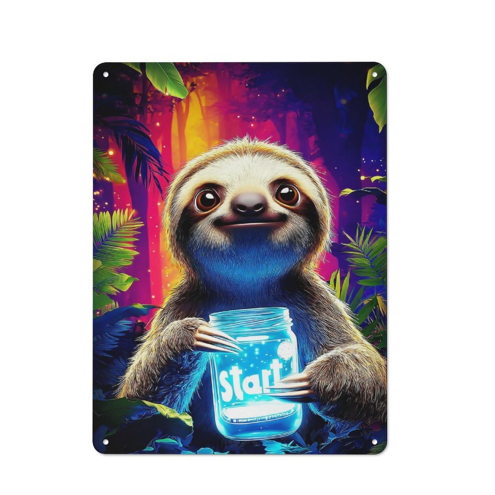 Junmoney Sloth Holding 'Start' Jar In Magical Forest Decorative Tin Sign With Design 40X30cm, Farmhouse Cottage Wall Art For Farmhouse Kitchen, Pantry Or Dining Area