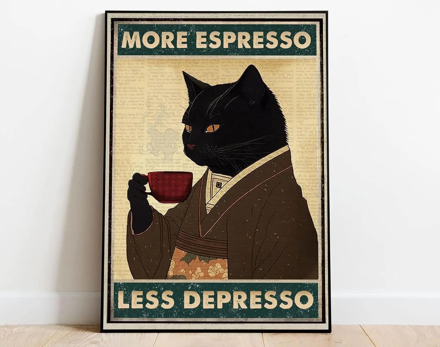 Baibexing Black Retro Funny Cat More Espresso Less Depresso Poster And Prints Drinking Coffee Lover Wall Ar Canvas Painting Wall Decor 30X40cm Unframed
