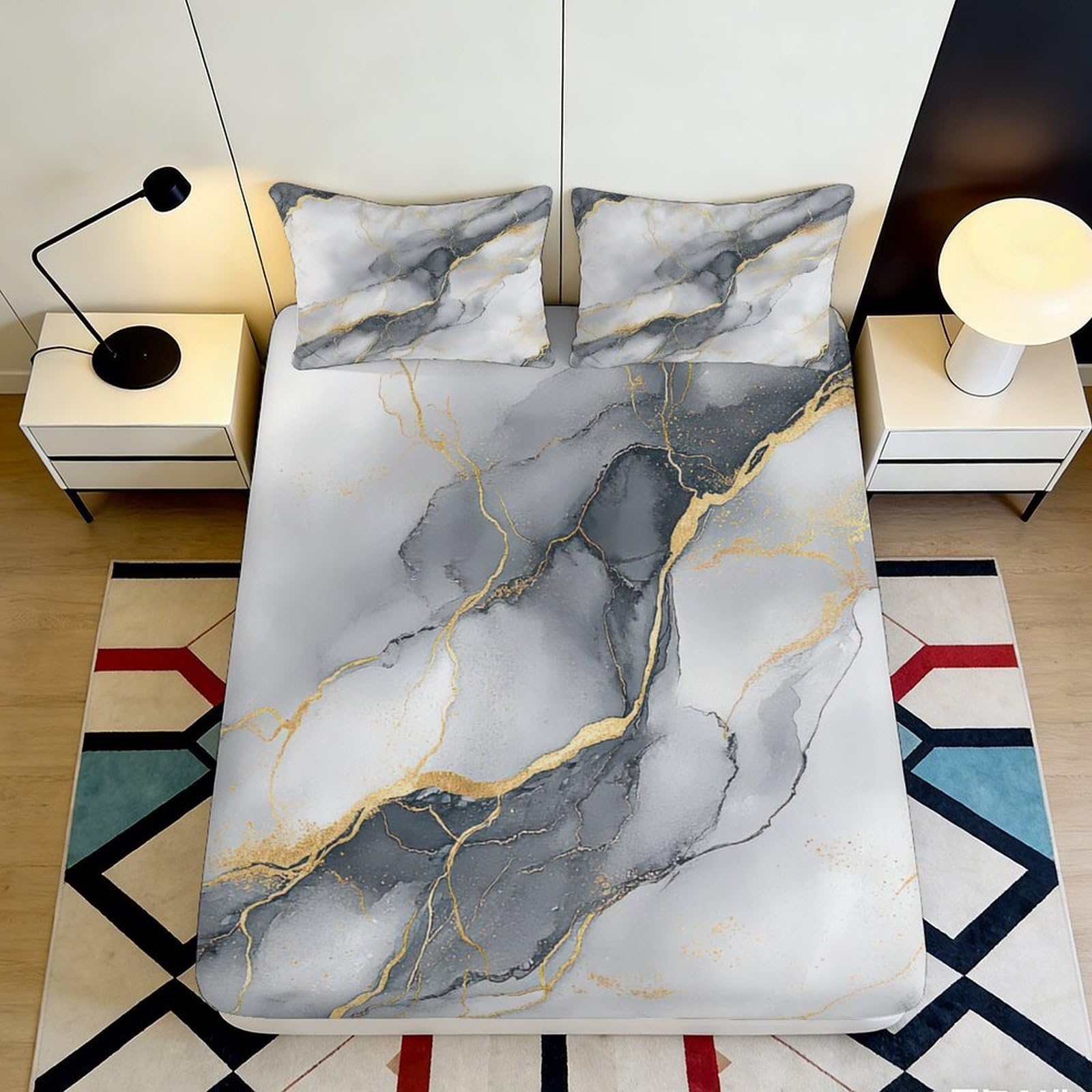 3D Printed Marble Fitted Sheet Microfiber Deep Pocket Non-Slip Bedroom Bedding Marble Mattress Fitted Cover Full Wrap Elastic Hem Home Mattress Protection 90x200x25cm