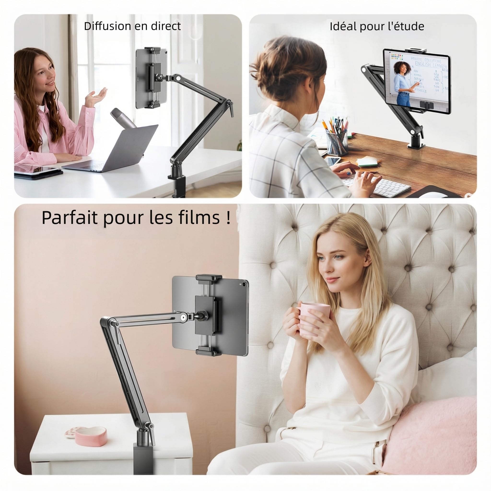 Support Tablette Bureau - Support iPad Portable en Alliage d’Aluminium avec Réglages Flexibles, Compatible avec iPad Air/Pro/Mini, Samsung Galaxy & 4,7-18,5 Pouces Appareils - Support Tablette Lit
