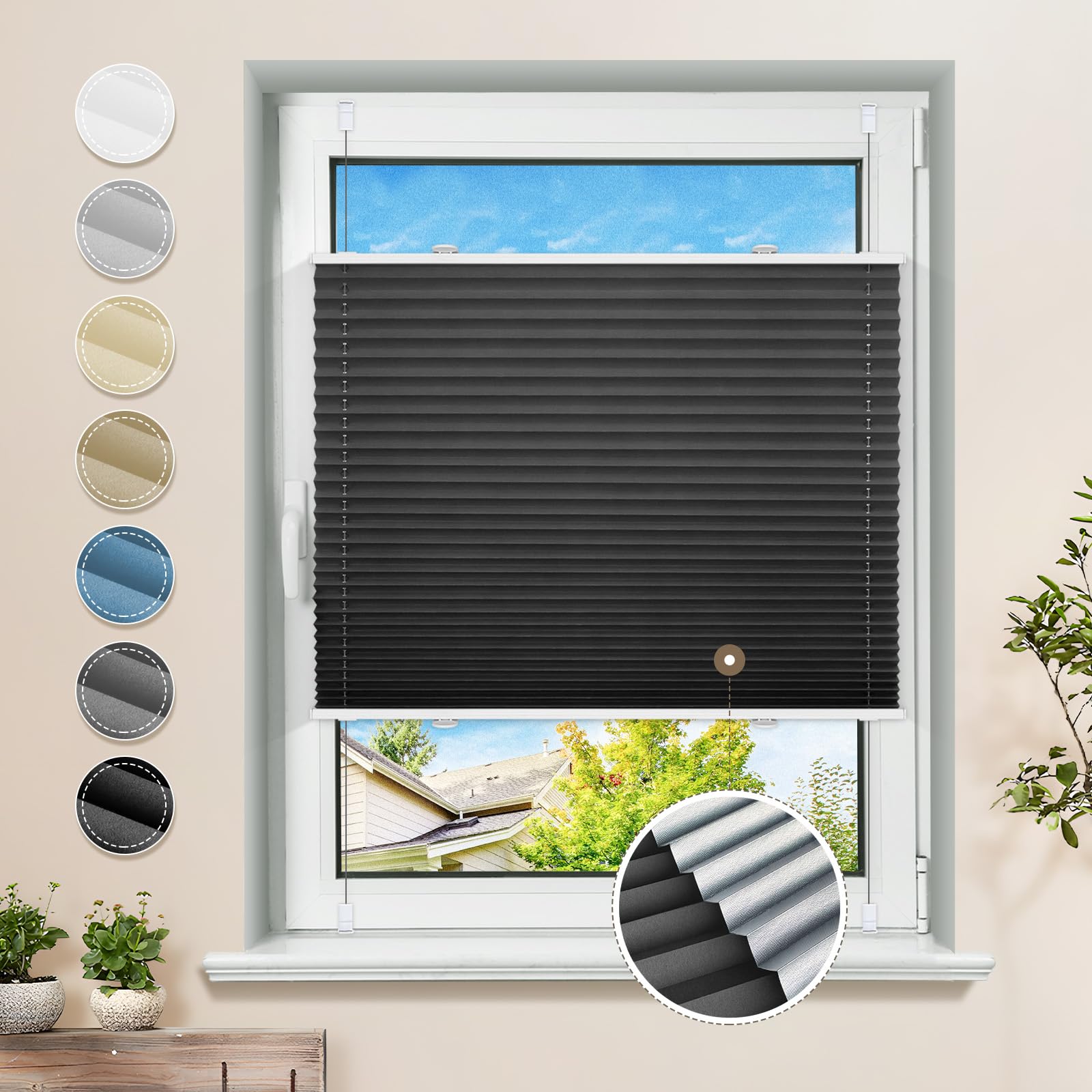 Plissee ohne Bohren Verdunkelung Klemmfix Schwarz 95x120cm Thermo Plissees 100% Verdunklung Rollos für Fenster & Tür Verdunklungsplissee ohne Bohren Sichtschutz und Sonnenschutz