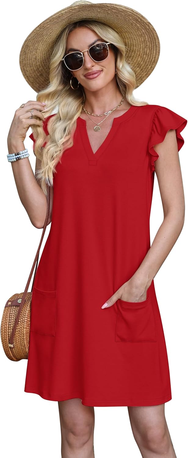 OFEEFAN Spring Summer Dresses for Women 2026 Casual Ruffle Sleeve V Neck Loose Swing Sundresses with Pockets Plain/Print - Image 3