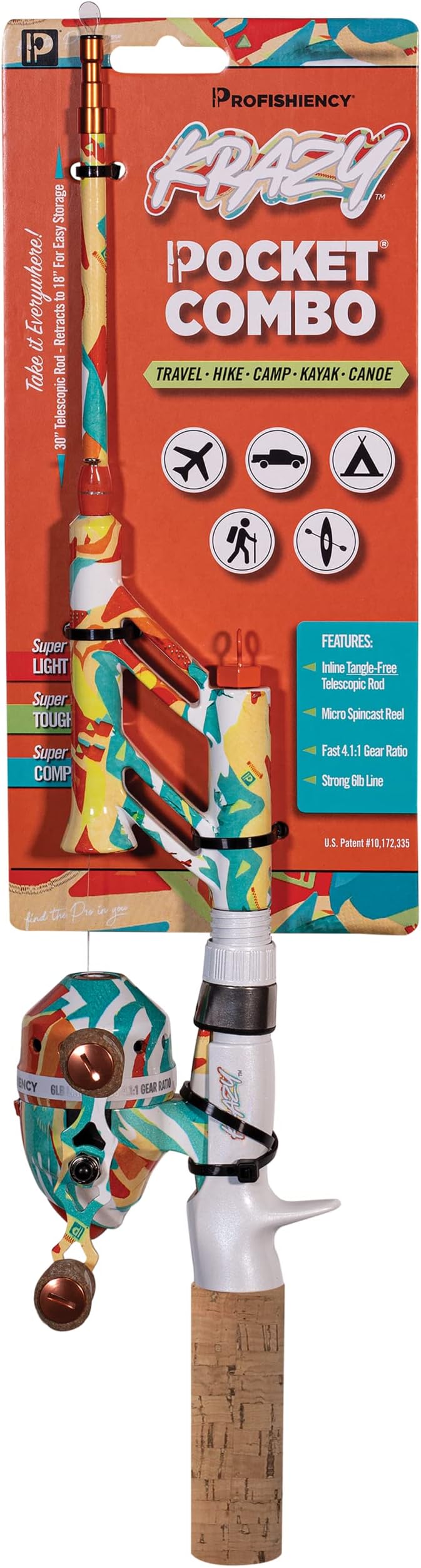 ProFISHiency: Krazy Pocket Combo Fishing Tools | 30'' Light Action Tangle-Free Telescopic Fiberglass Rod | Micro Spincast Reel w/ 4.1:1 Gear Ratio | Pre-Spooled w/ 6lb Line