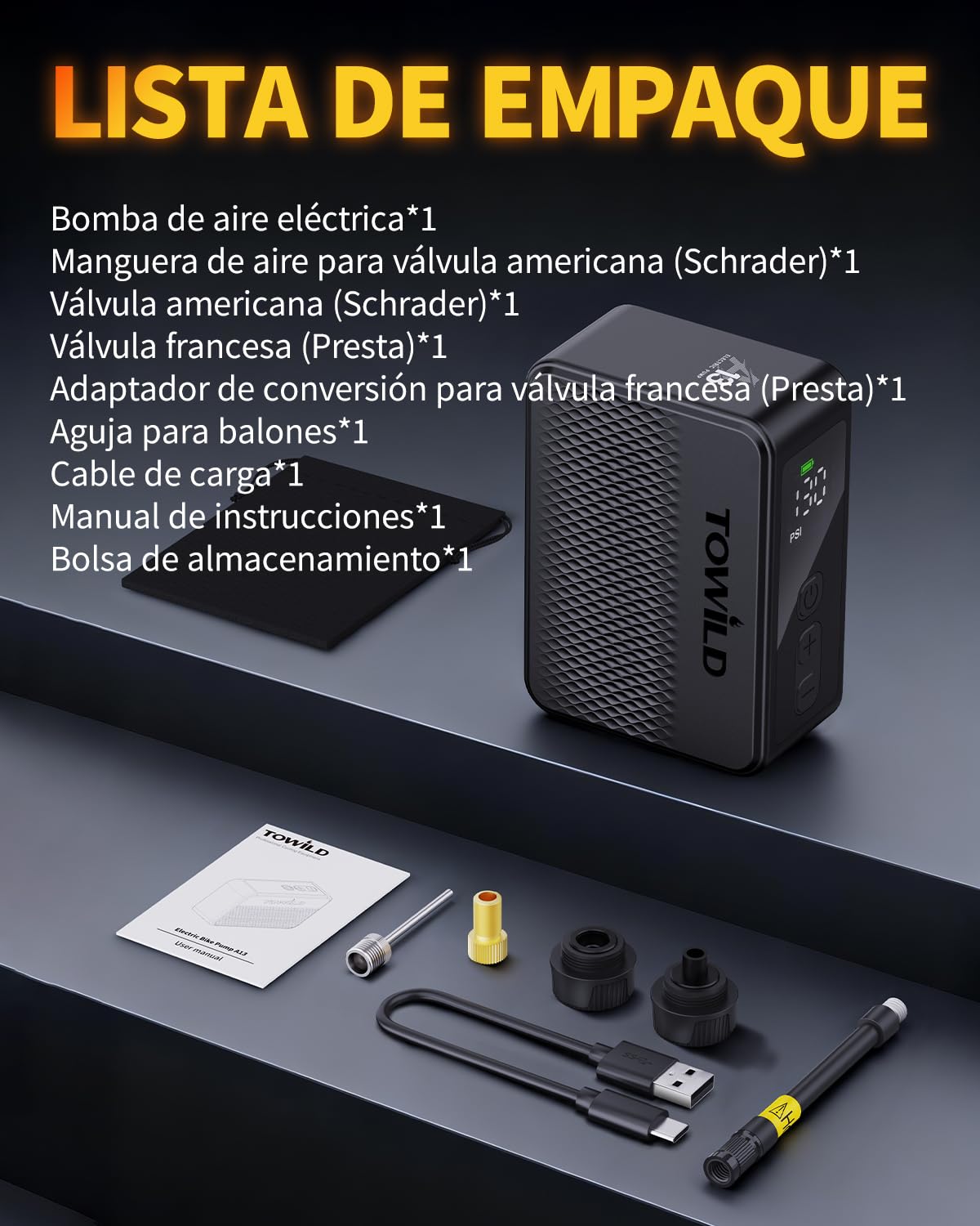 TOWILD A13 Bomba de Bicicleta Eléctrica con Manómetro, 130 PSI Bomba de Aire Portátil Compresor de Aire Recargable, Válvulas Presta y Schrader, Apagado Automático para Bicicleta de Montaña y Ciudad