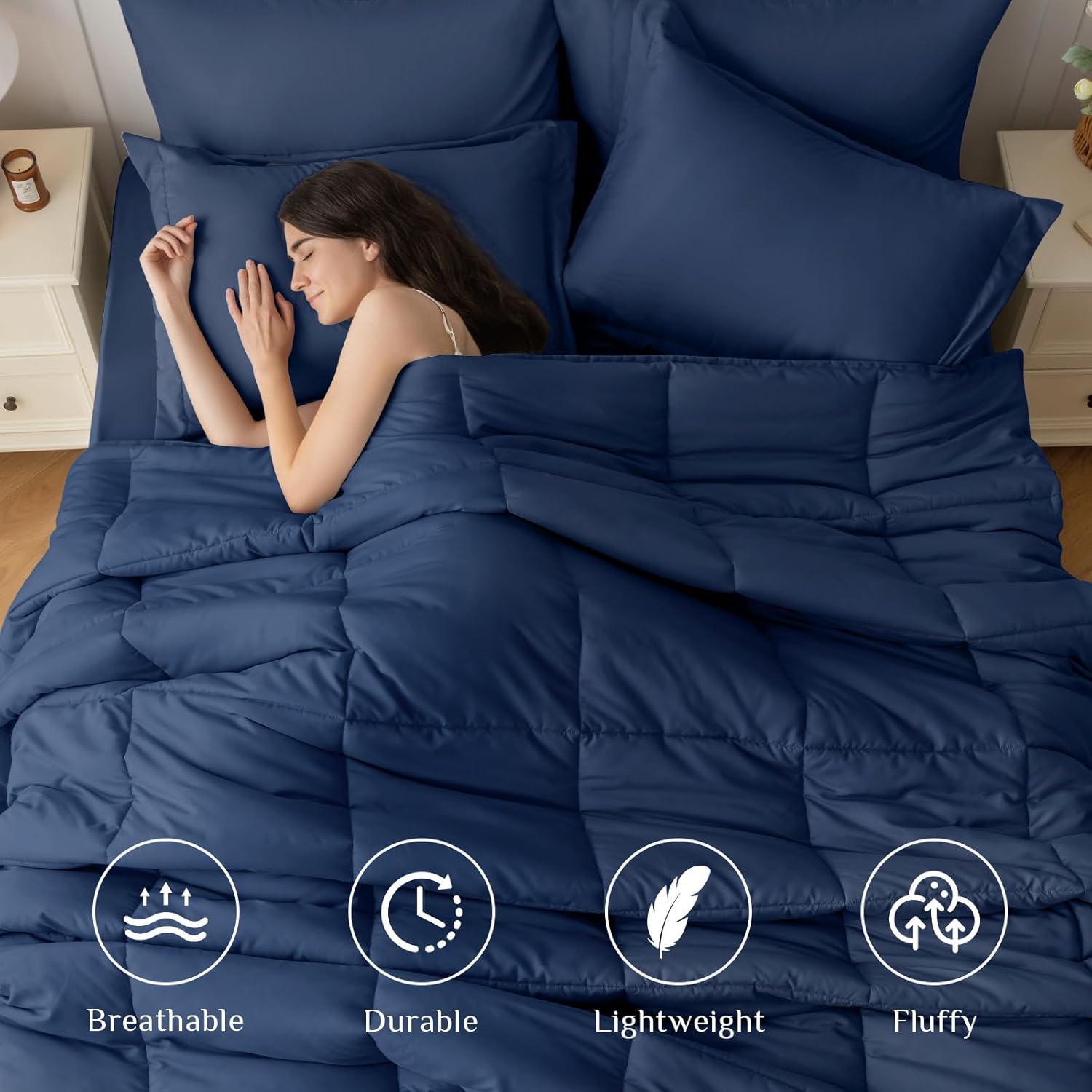 JOLLYVOGUE Queen Comforter Set 7 Pieces - Ming Blue Bed in a Bag Ultra-Soft - Goose Down Alternative - Premium 1800 Series with Comforter, Sheets, Shams & Pillowcases
