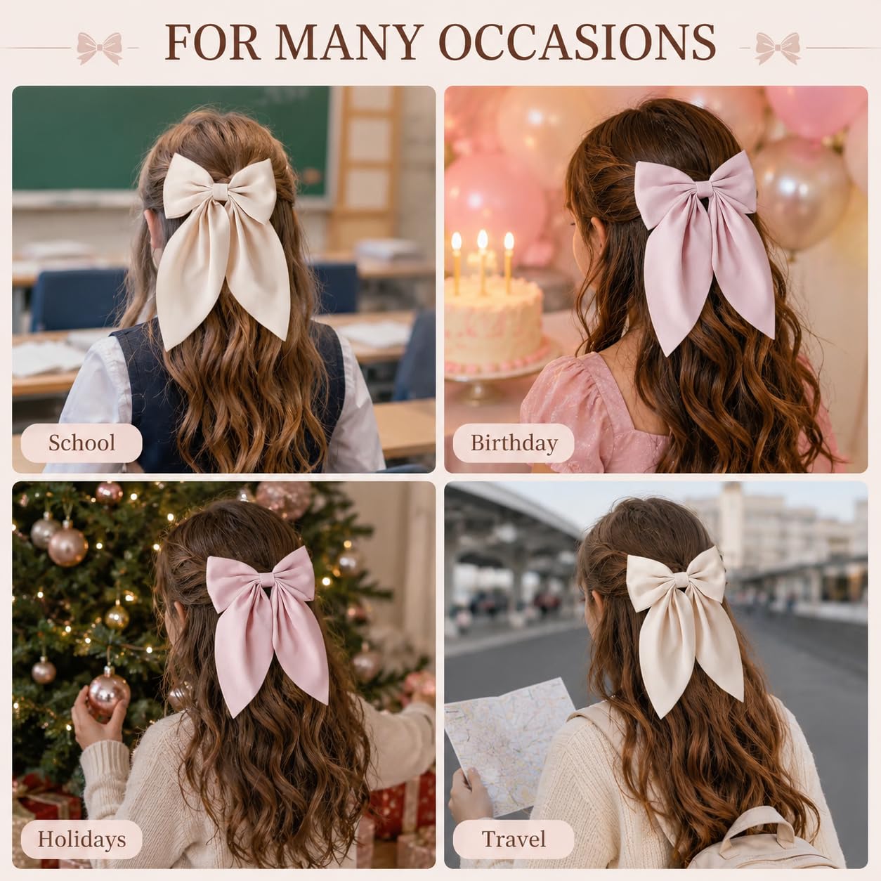 Danyarts 2Pcs Large Hair Bows for Girls, 7.1" Cream Pink Ponytail Bow Clips with Duckbill Alligator Clips, Solid Big Bow Barrettes for Toddlers Kids Teens Women, Balletcore Hair Accessories