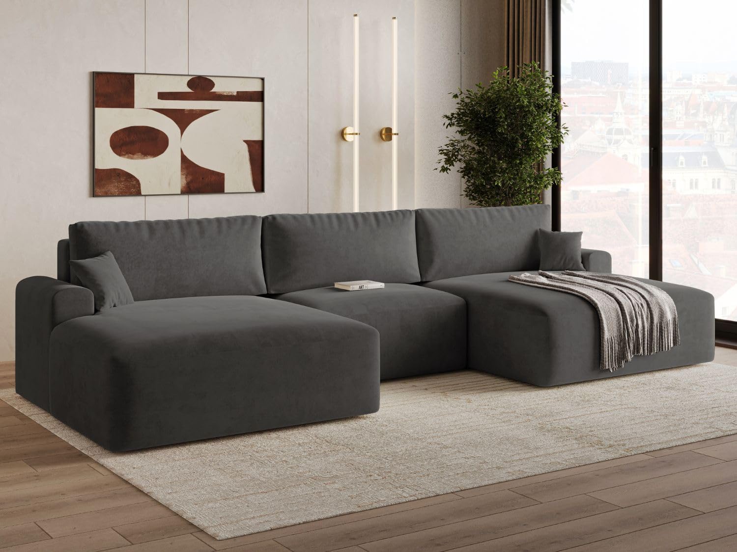 GRAINGOLD Serene U Ecksofa mit Schlaffunktion & Bettkasten 391x145 cm, U-Form Sofa mit Stauraum, Schlafcouch für Wohnzimmer, Velvet-Stoff, 5-Sitzer Wohnlandschaft, Modernes Design (Dunkelgrau)