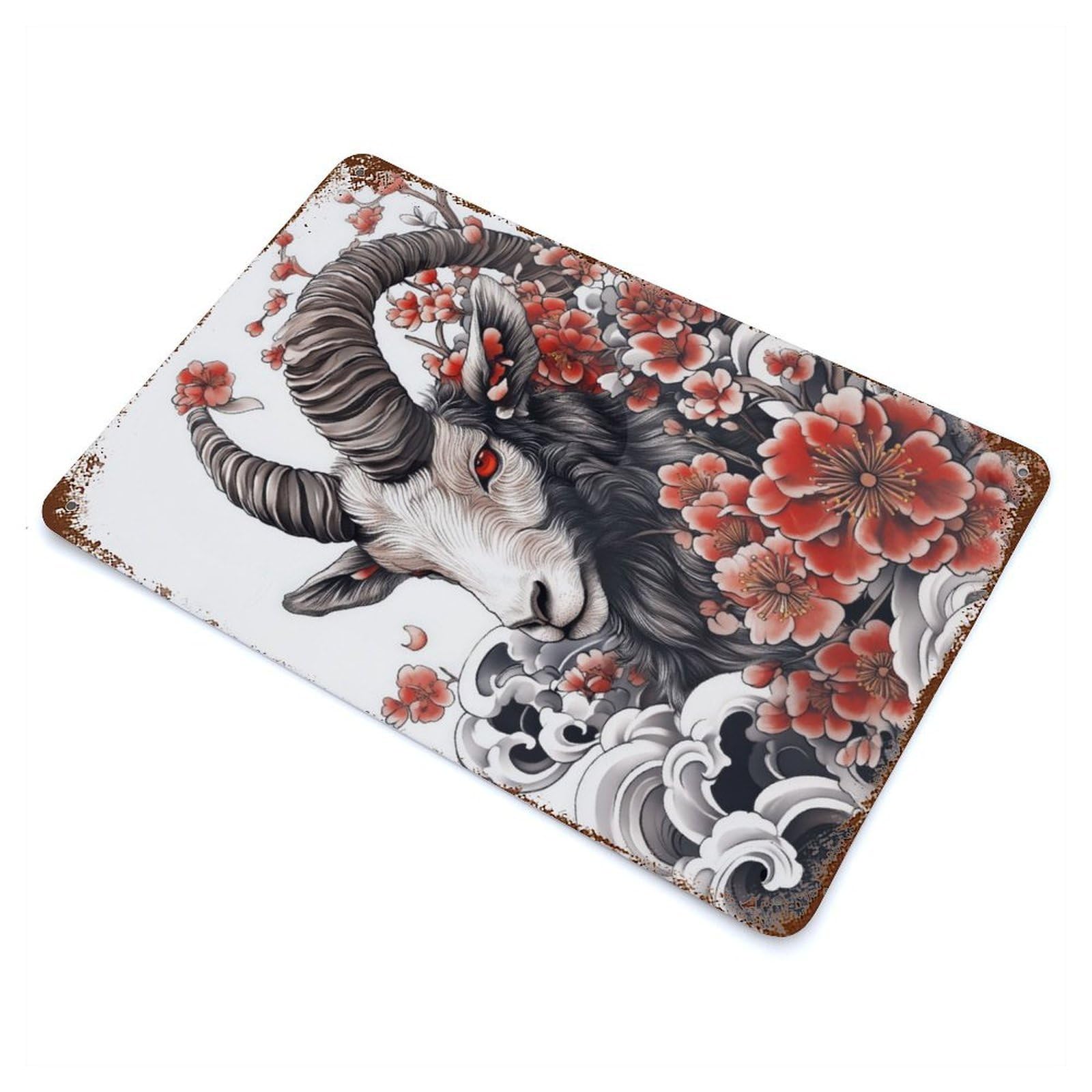 Japanese Goat Tattoo Retro Metal Sign 11.8"x7.9", for Pub, Kitchen And Man Cave Decor, Industrial Home Decor