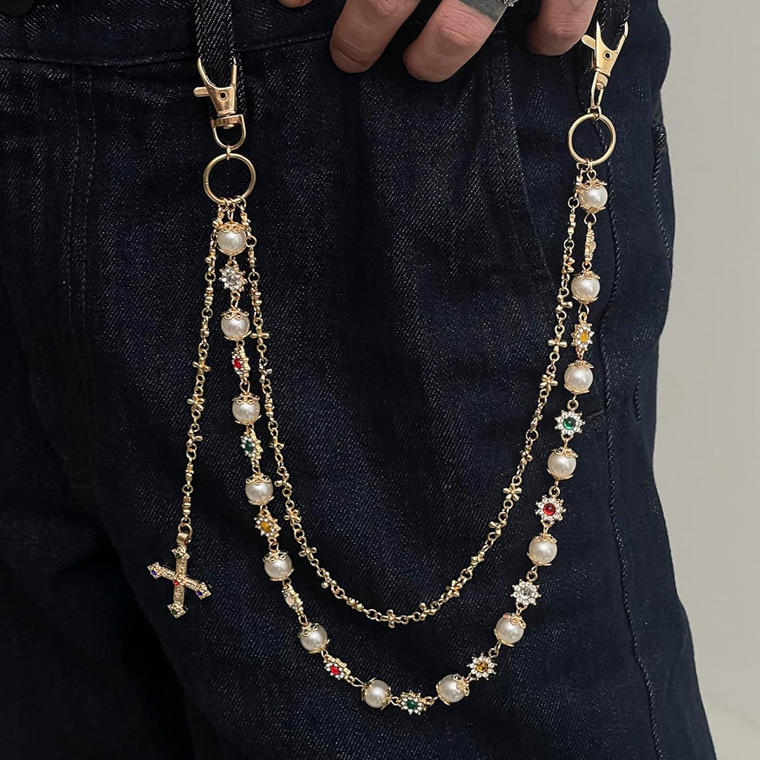 Fashion Layered Pants Wallet Chains - Exquisite Gold Silver Rhinestone Flower Pearl Jean Pocket Chain for Women Men Cute Bag Purse Charms Jewelry - Image 5