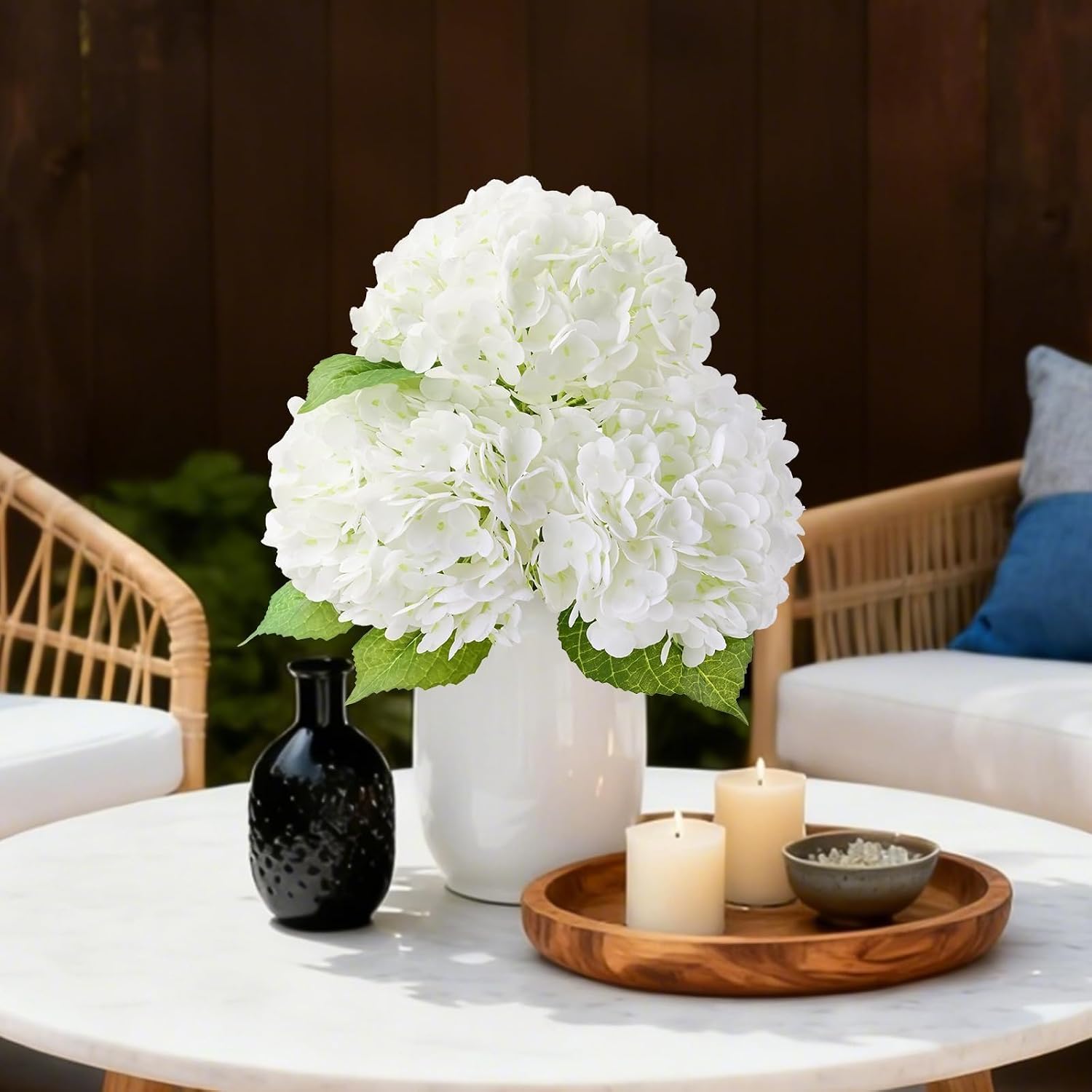 Sherika 22" Real Touch Hydrangea Artificial Flowers, 3Pcs White Full Latex Faux Hydrangea Fake Flowers with Long Stem & Leaves for Home Decor Party Floral Arrangements Centerpieces Wedding Bouquets