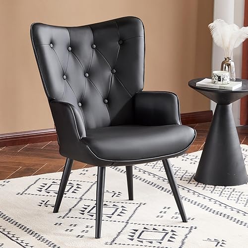 Furniliving Silla decorativa de piel sintética para sala de estar, silla de lectura tapizada con respaldo alto, sillón acolchado con respaldo alado