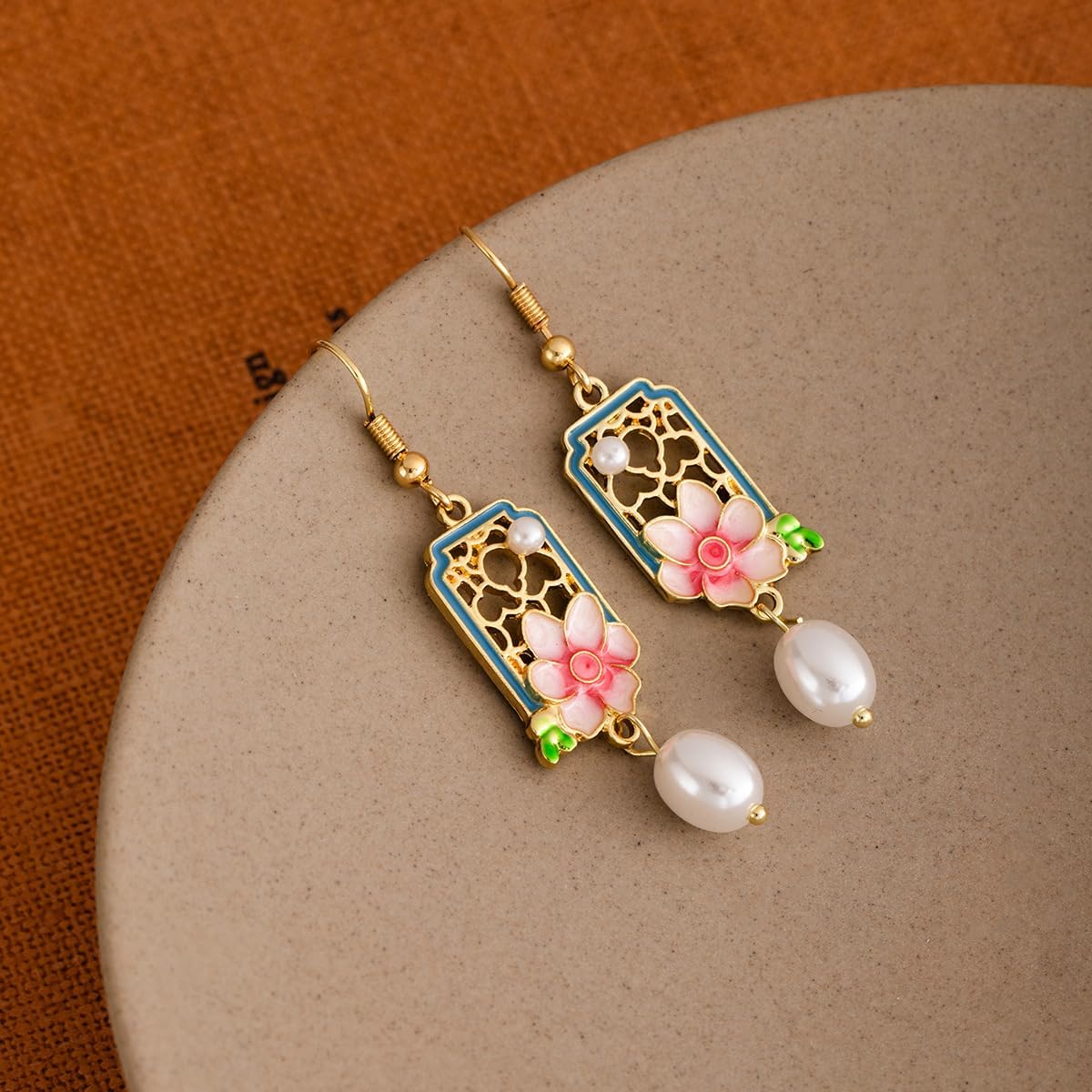 Vintage Floral Pearl Dangle Earrings for Women, Enamel Flower Drop Earrings with Alloy Frame, Elegant Oriental Style Jewelry Gift - Image 3