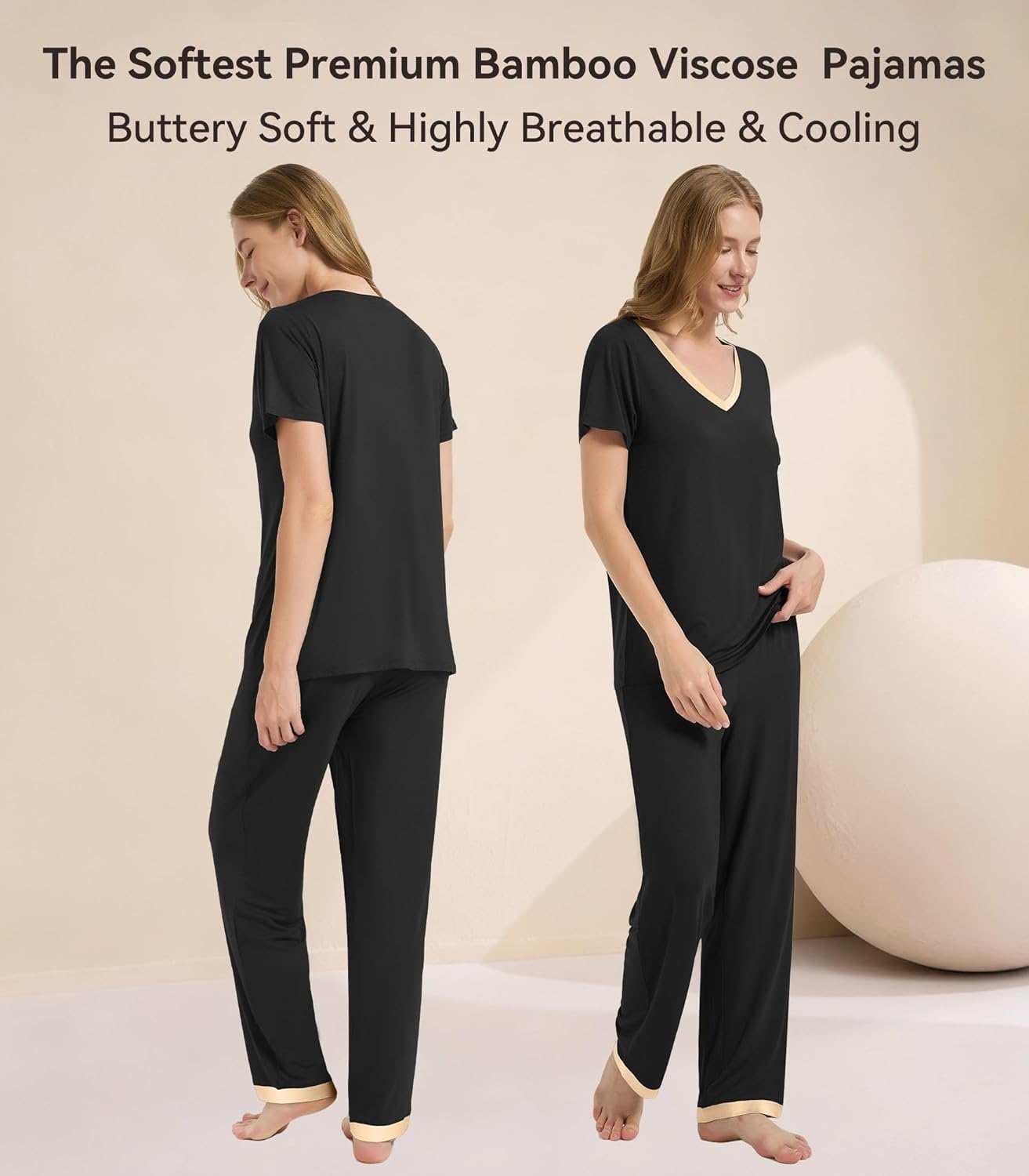 WiWi Womens Viscose from Bamboo Pajamas Set Short Sleeve Top with Pants Pjs Soft V Neck Sleepwear Lightweight Loungewear S-3X - Image 3