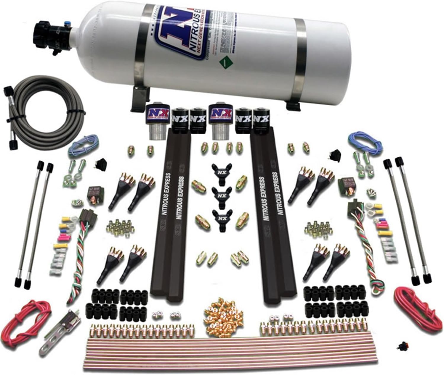 Nitrous Express - SX2 Dual Stage/Gas/Rails 8 Nozzles Nitrous Kit (200-1200HP) w/15lb Bottle (90209-15)
