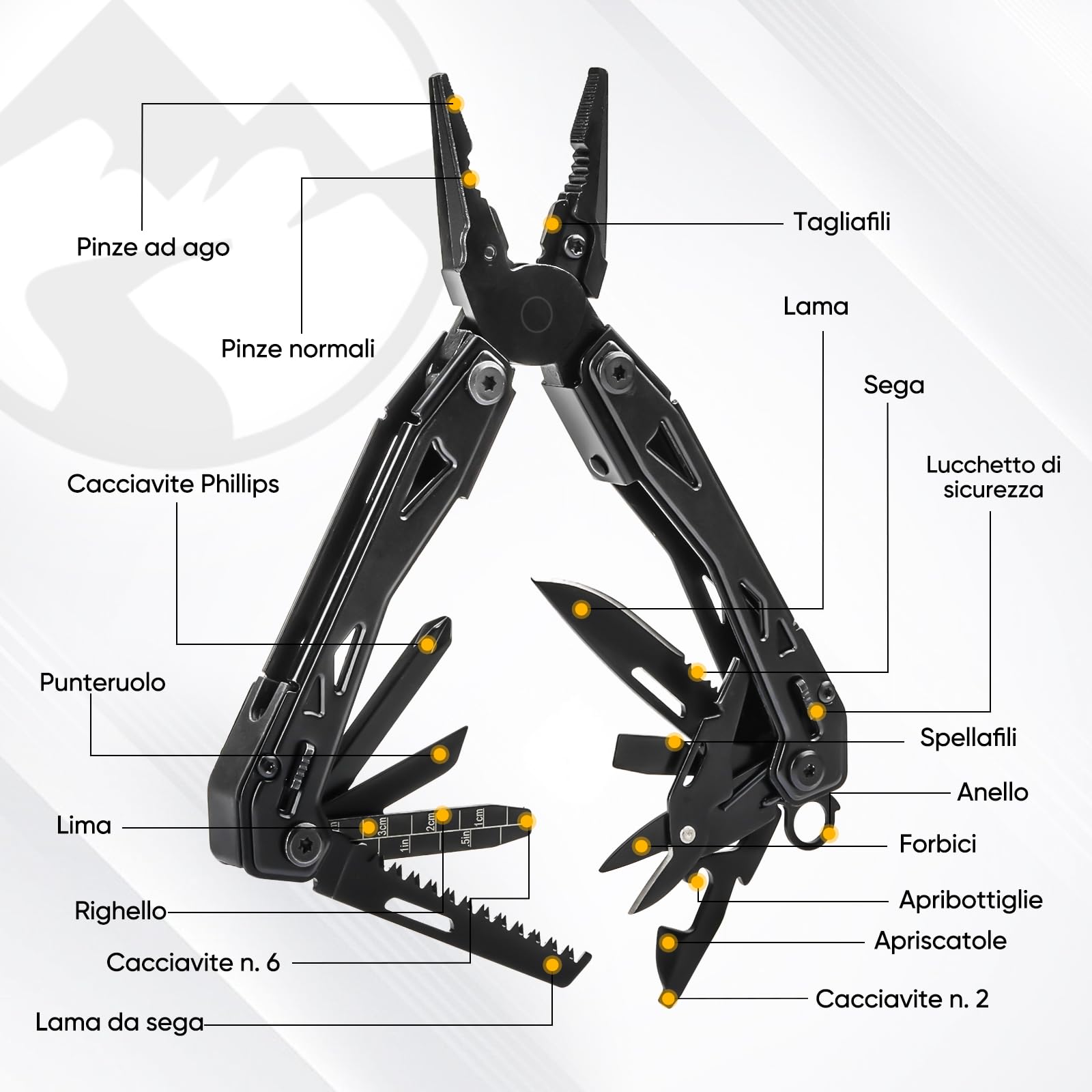 Multper Regalo Uomo, 26-in-1 EDC Multitool, Pinza Multiuso con Coltellino, Pinze Ad Ago, Tronchesino, Set di Cacciaviti e Altro, Attrezzatura di Sopravvivenza e Campeggio, Acciaio Inossidabile, Nero