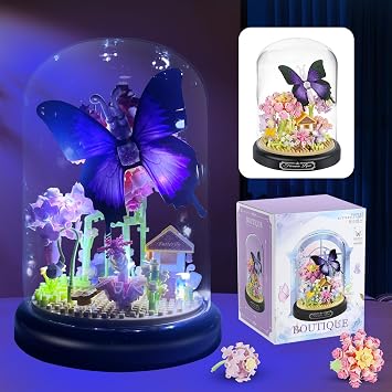 Water Bottle Flower Butterfly Bouquet Building Set with LED String Light and Dust Cover, 582 PCS Butterfly Flower Mini Brick Building Blocks Toys for Kids, Adults, Gift for Mothers Day, Christmas