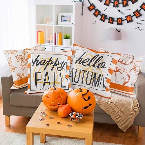 Miniatura 6 de YUJUN Paquete de 4 fundas de almohada decorativas de otoño, 18 x 18 pulgadas, diseño de búfalo, calabaza, hojas de arce, Acción de Gracias, otoño,