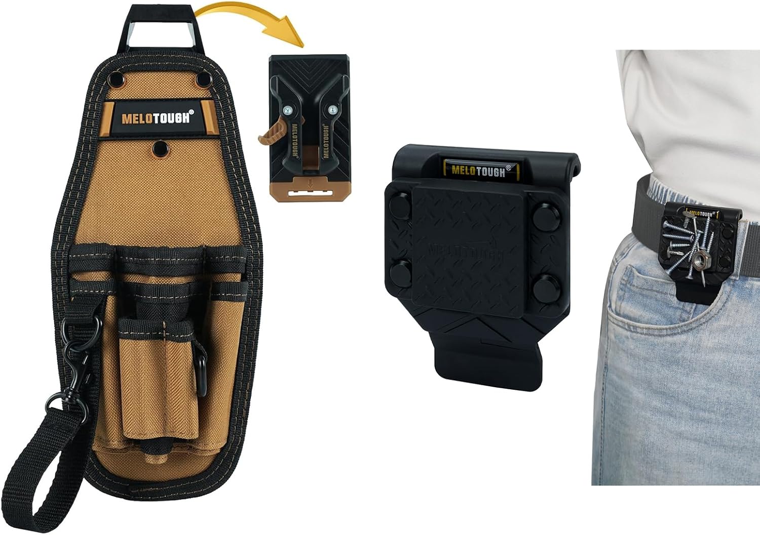 MELOTOUGH Small Tool Pouch with Quick Release Belt Clip,Tool Belt Pouch with Electrician Tape Thong Strap, Magnetic Tool Holder Strong Magnetic Belt Clip for Screws,Nails,Wrench,Hammer,Pliers