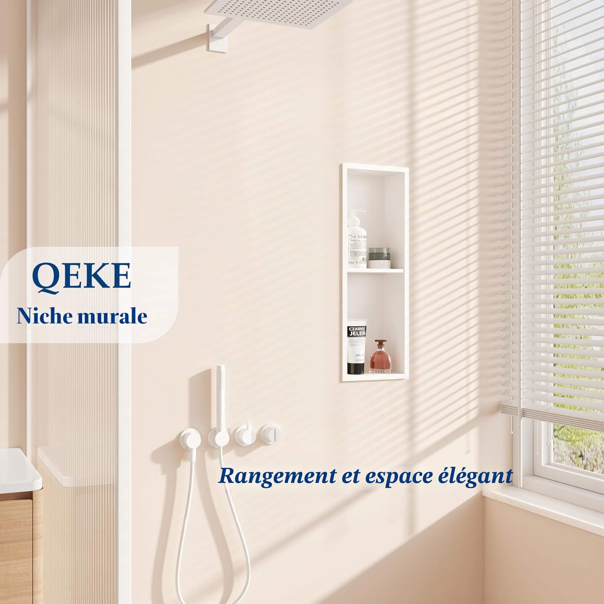 Qeke Niche de douche inox 304 avec cadre, 2 niveaux, 20cm, Blanc | étagère encastrée, antirouille, étanche, facile à nettoyer, drainage efficace, plusieurs tailles, rangement salle de bain