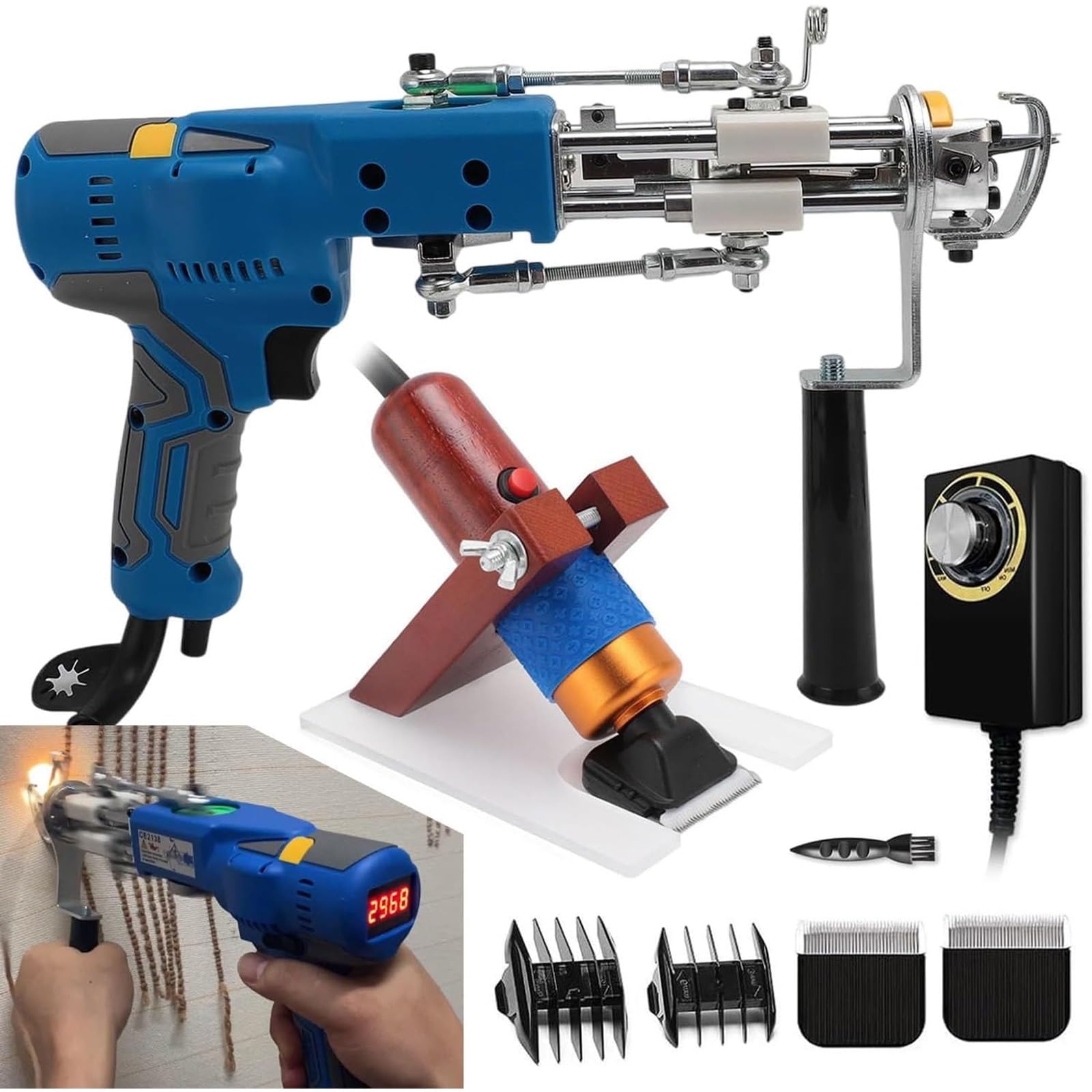 Electric Tufting Machine with Carpet Trimmer, 2 in 1 Cut & Loop Pile Rug Tufting Gun, Adjustable 1000-6000 RPM, Built-in LED Light, Professional Rug Making Tool(with Trimmer)