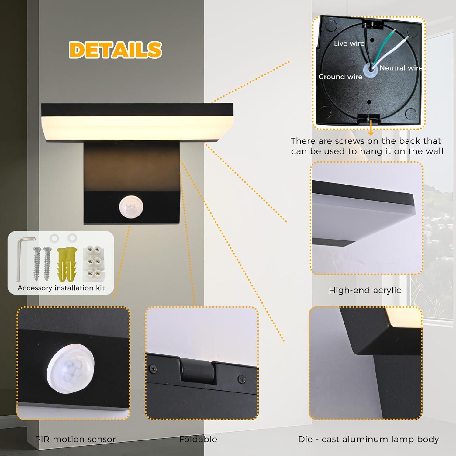 LITMYHU LED Motion Sensor Outdoor Wall IP65 18W, Black Folding LED Wall Lamp, 3000K Waterproof Courtyard Wall for House Porch Garage