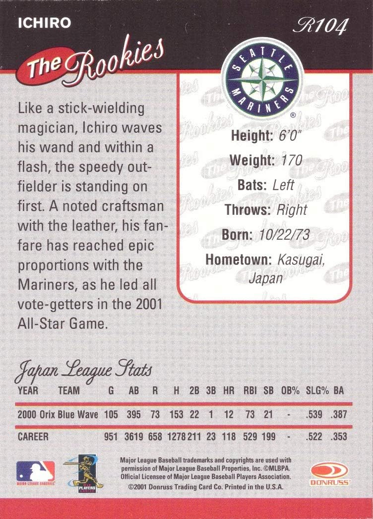 2001 Donruss the Rookies Baseball #R104 Ichiro Suzuki Rookie Card