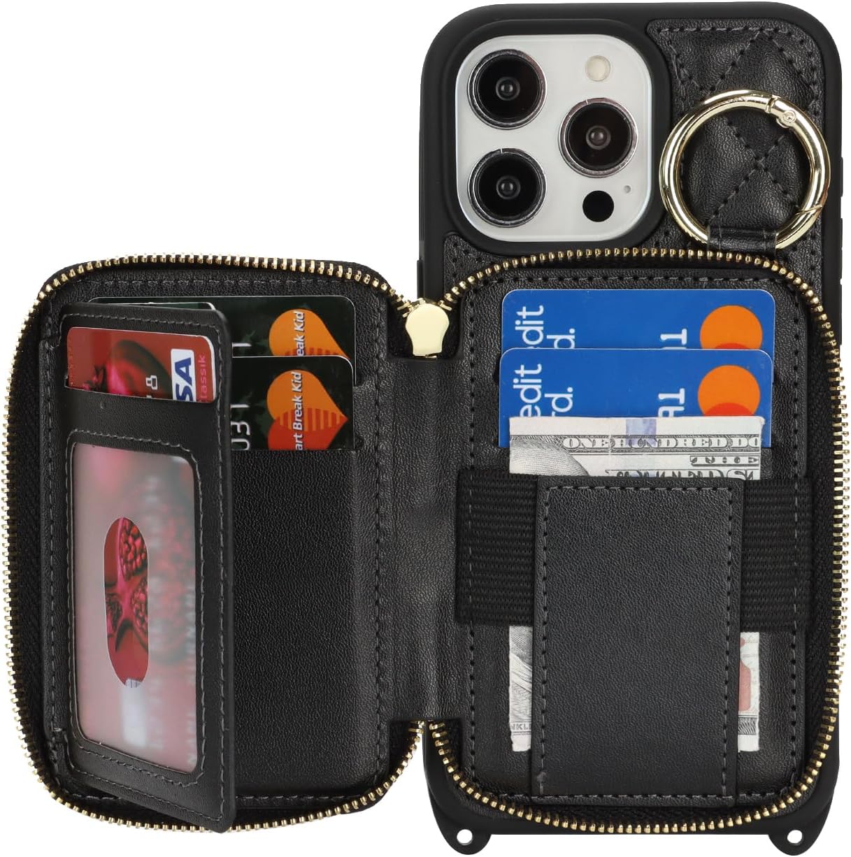 Crossbody Wallet Case for iPhone 15 Pro Max, PU Leather Zipper Handbag Purse Flip Cover, Kickstand Folio Case with Card Slots Holder Wrist Strap Lanyard 5G 6.7 Inch-Black