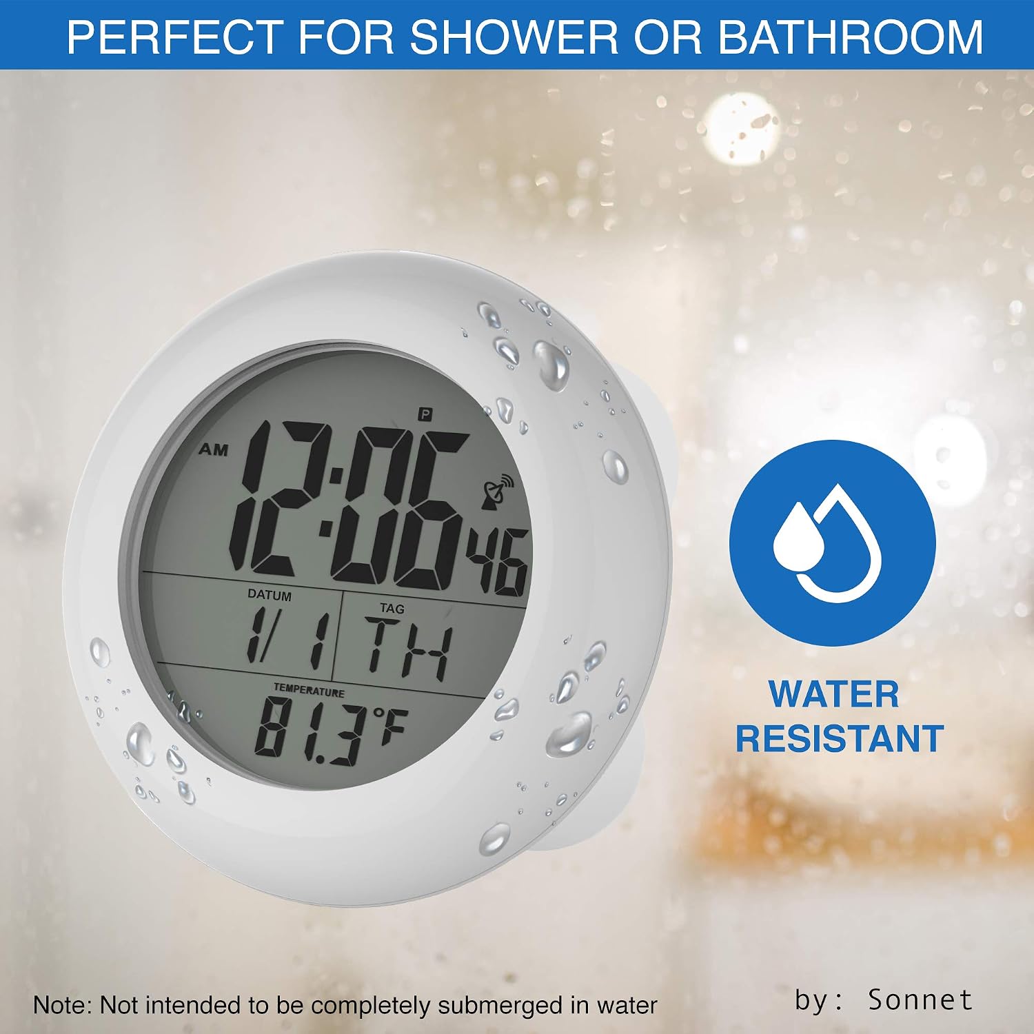 Sonnet Shower Clock for Bathroom and Kitchen - Large Digital Display Shows Time, Date, Day of The Week and Temperature. Large Suction Cups, Hanging Hole, and Kick Stand - White - T4691