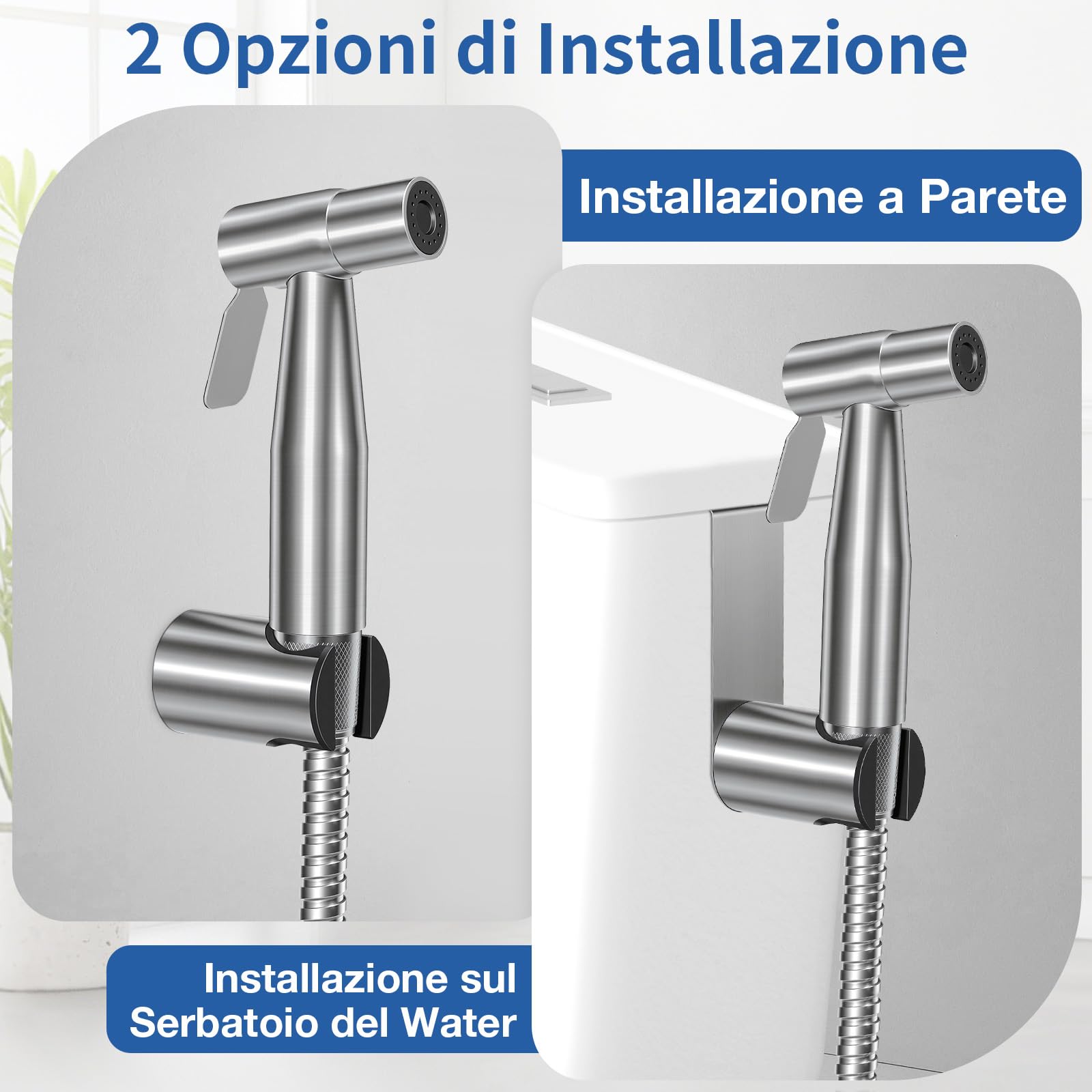 Set Doccetta per Bidet, Idroscopino per WC con Tubo Flessibile da 1,5m, Supporto & Adattatore, Facile da Installare (Argento)
