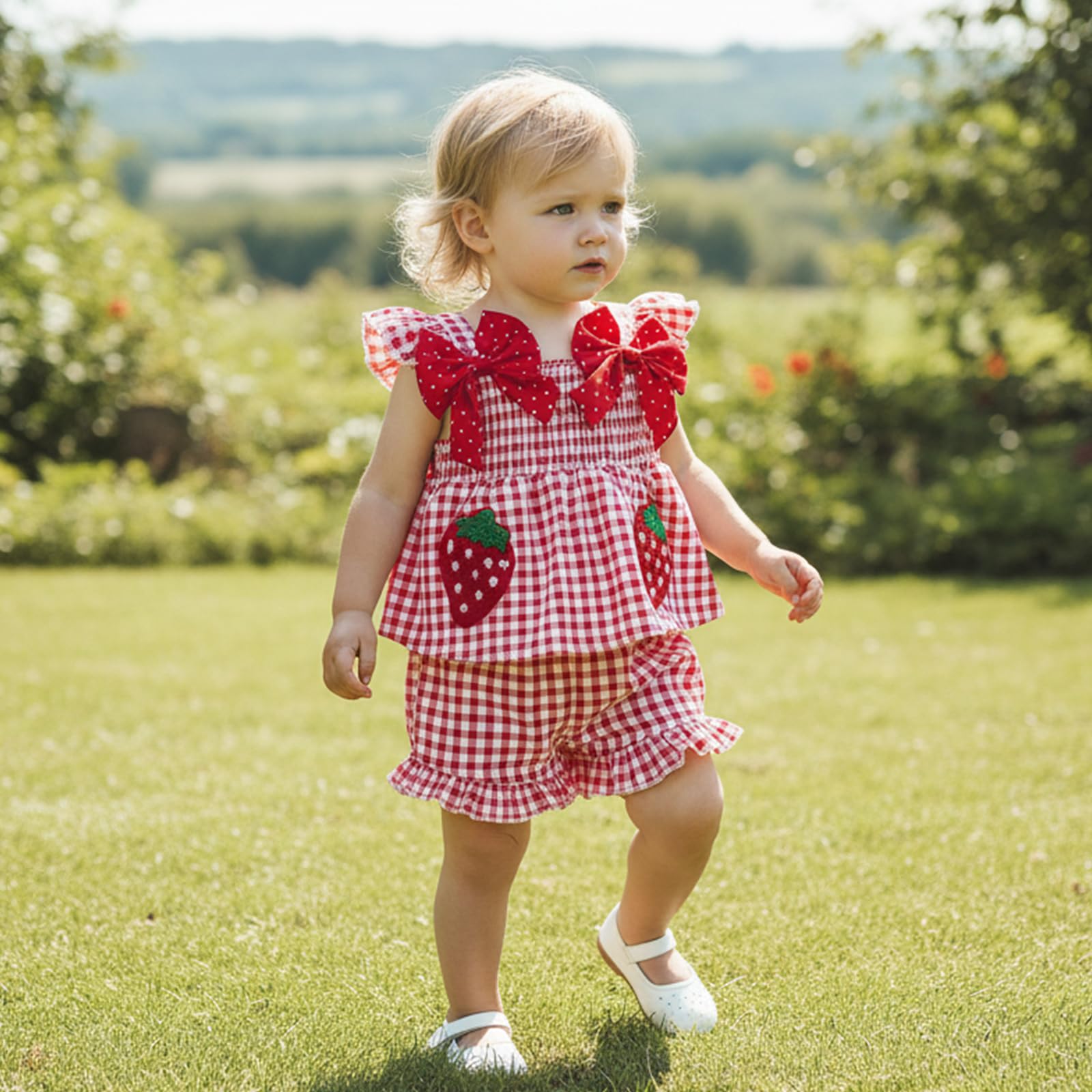 Toddler Baby Girl Summer Clothes Infant Girl Plaid Outfit Strawberry Ruffle Gingham Shirts Dress Tank Top Shorts Set — view 2