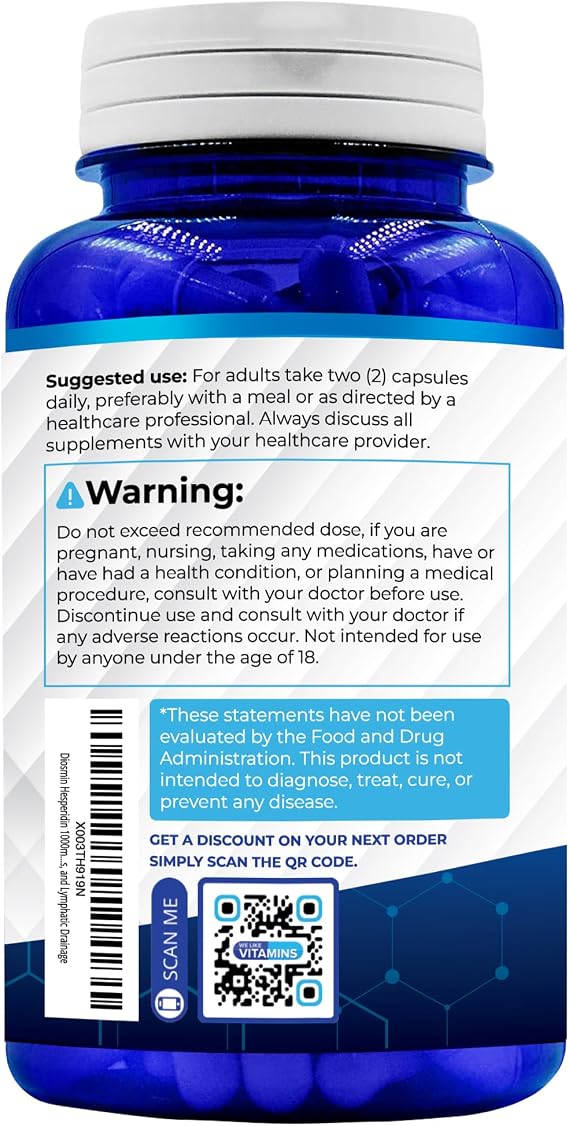 We Like Vitamins Diosmin Hesperidin 1000mg 180 Capsules 90 Day Supply - Diosmin and Hesperidin Supplement Helps to Support Healthy Circulation, Veins, Capillaries, and Lymphatic Drainage