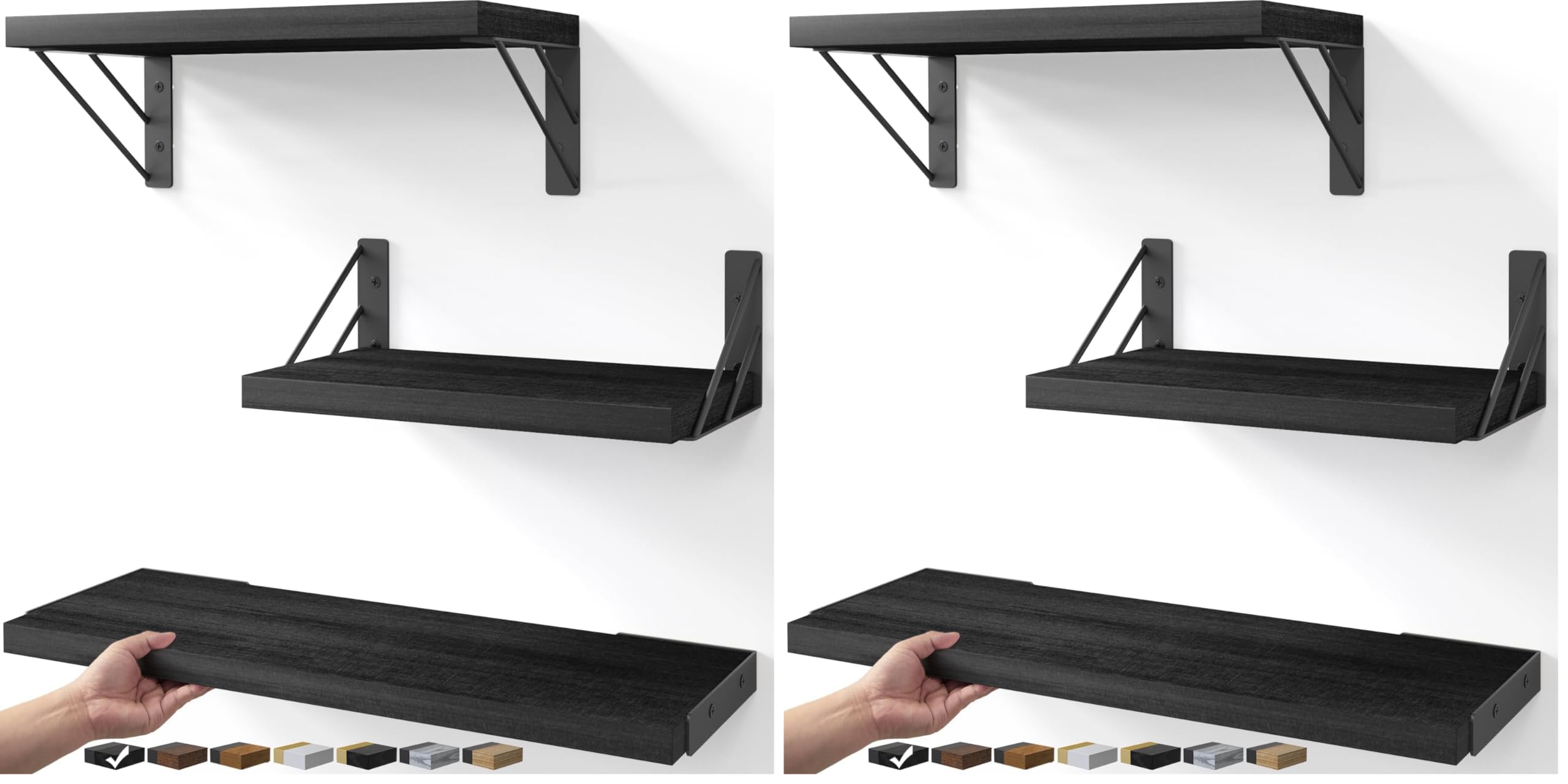 BAYKA Wall Mounted Floating Shelves, Wood Floating Wall Shelf for Books &amp; Decor, Small Space-Saving Display &amp; Organizer（Black，Set of 3） (Pack of 2)