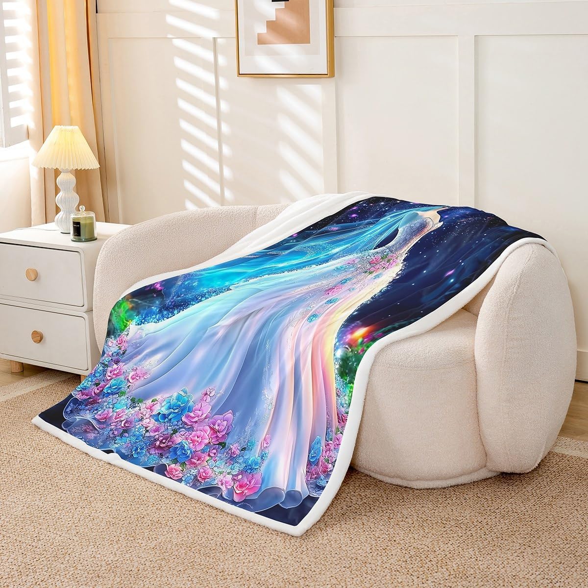 Erosebridal Girly Dress Blanket Twin Size, Romance Wedding Dress Throw Blanket for Sofa Couch,Blue and Pink Flowers Fleece Blankets Galaxy Starry Night Fuzzy Blankets Sherpa Flannel