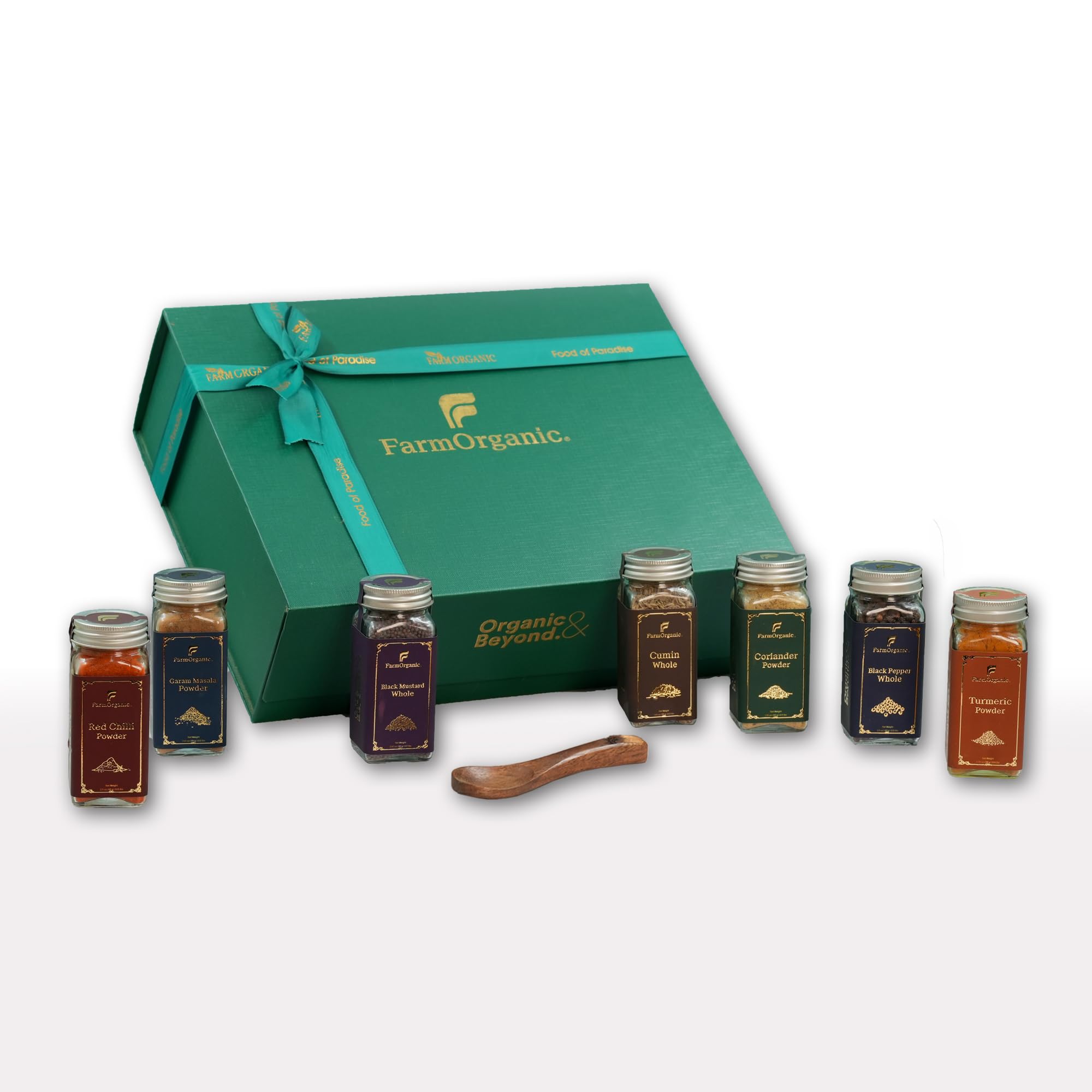 FarmOrganic Premium 7 Spice Gift Box | Red Chilli, Garam Masala, Black Mustard, Cumin, Coriander, Black Pepper & Turmeric | Natural Spices in Glass Jars | Festive & Corporate Gifting-image-5