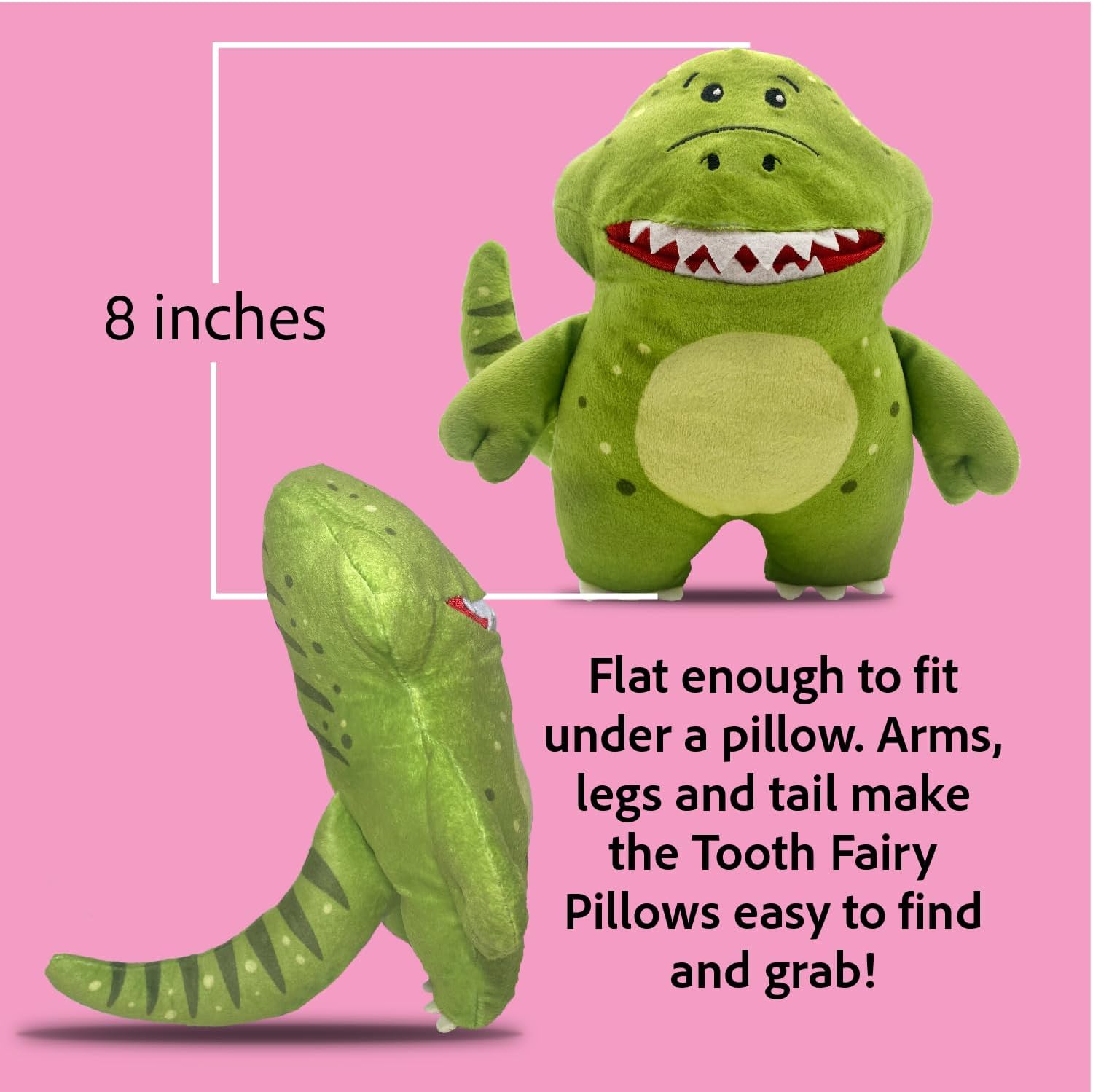 The Tooth Brigade Tooth Fairy Pillow | Stuffed Plush with Large Pocket Mouth for Lost Teeth, Treasures, Prizes - Fun and Interactive Plush, Perfect Kids, Boys, & Girls Gift (Rebel Dinosaur)