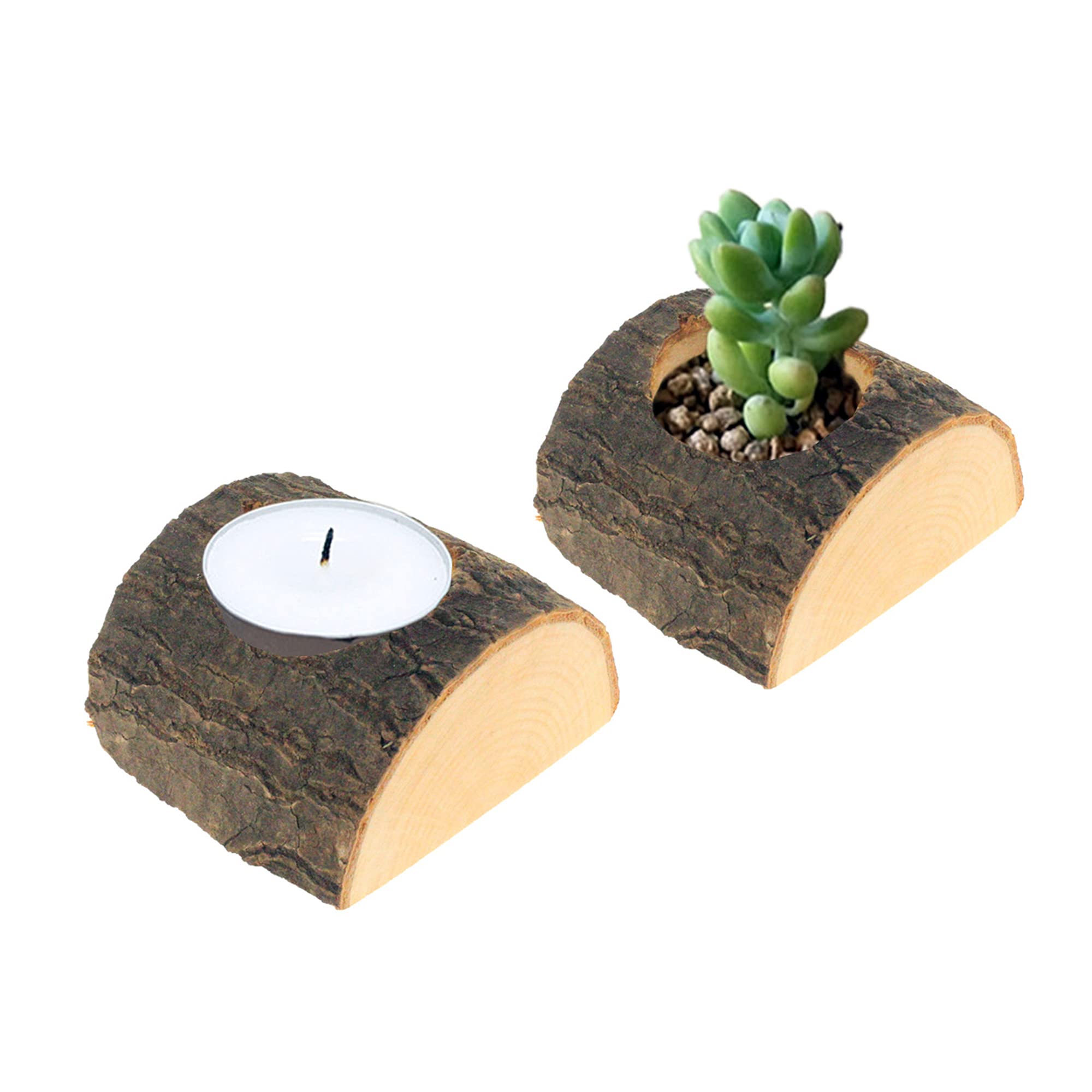 Wooden Tea Light Candle Holder Set,2PACK Half Cut Flower Plant Pot,Bark Candlestick Holders for Home Decoration Rustic Christmas Party