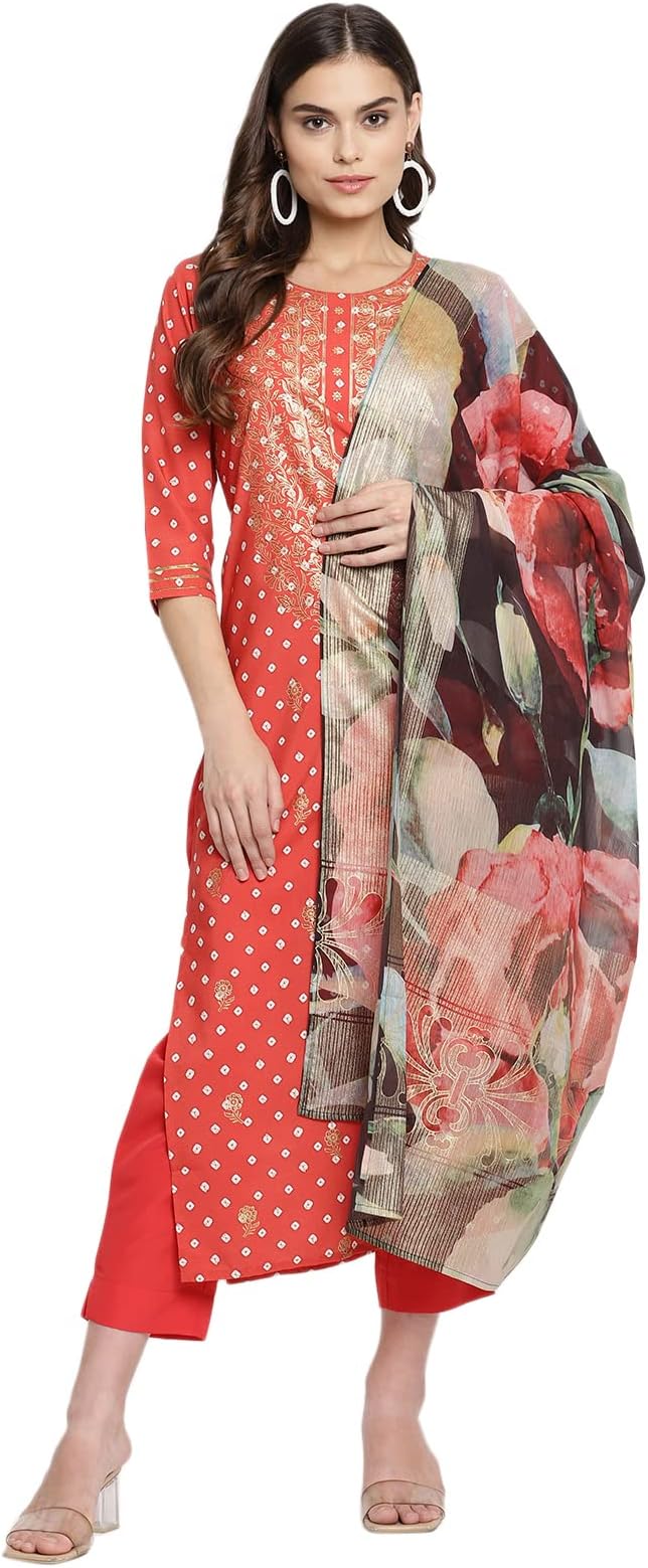AhalyaaWomen Black Printed Angrakha Kurta with Trousers & With Dupatta (AHKUDUPN-COMBO-347)
