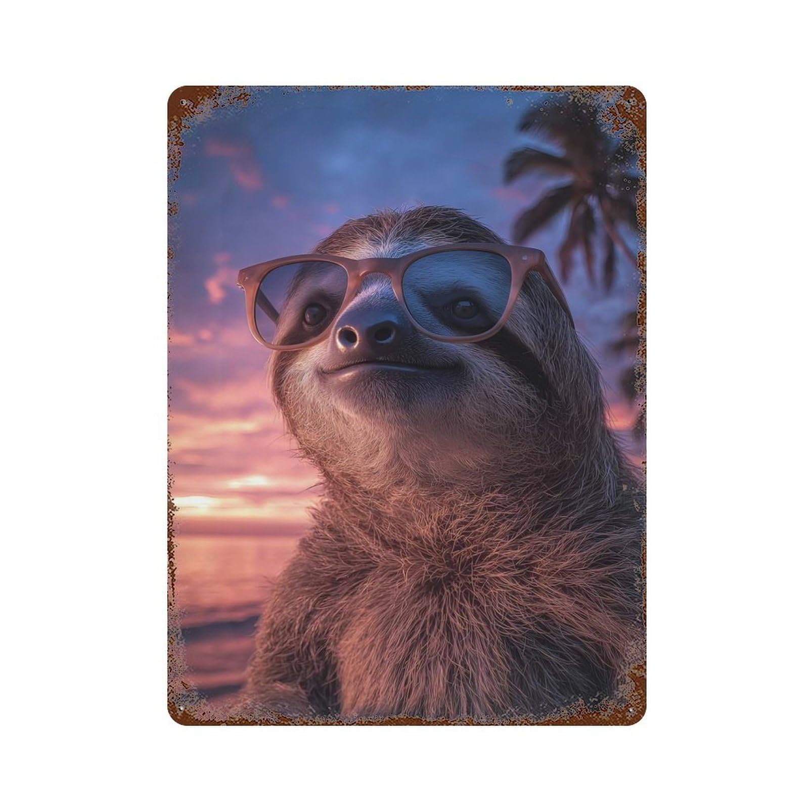 Cool Sloth on Beach at Sunset Vintage Metal Tin Sign 15.7"x11.8", Retro Wall Decor for Office, Studio And Wall Decor