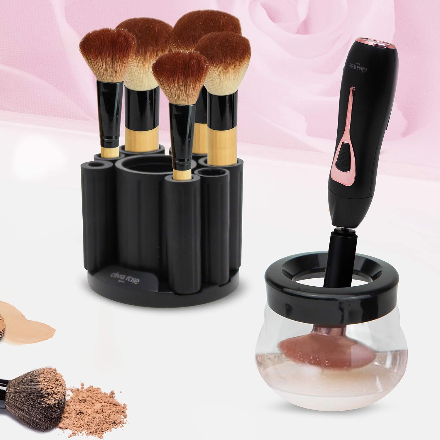 Olivia Rose Electric Makeup Brush Cleaner Spinner, Deep Cosmetic Brush Cleaner with 8 Size Rubber Collars (Black)