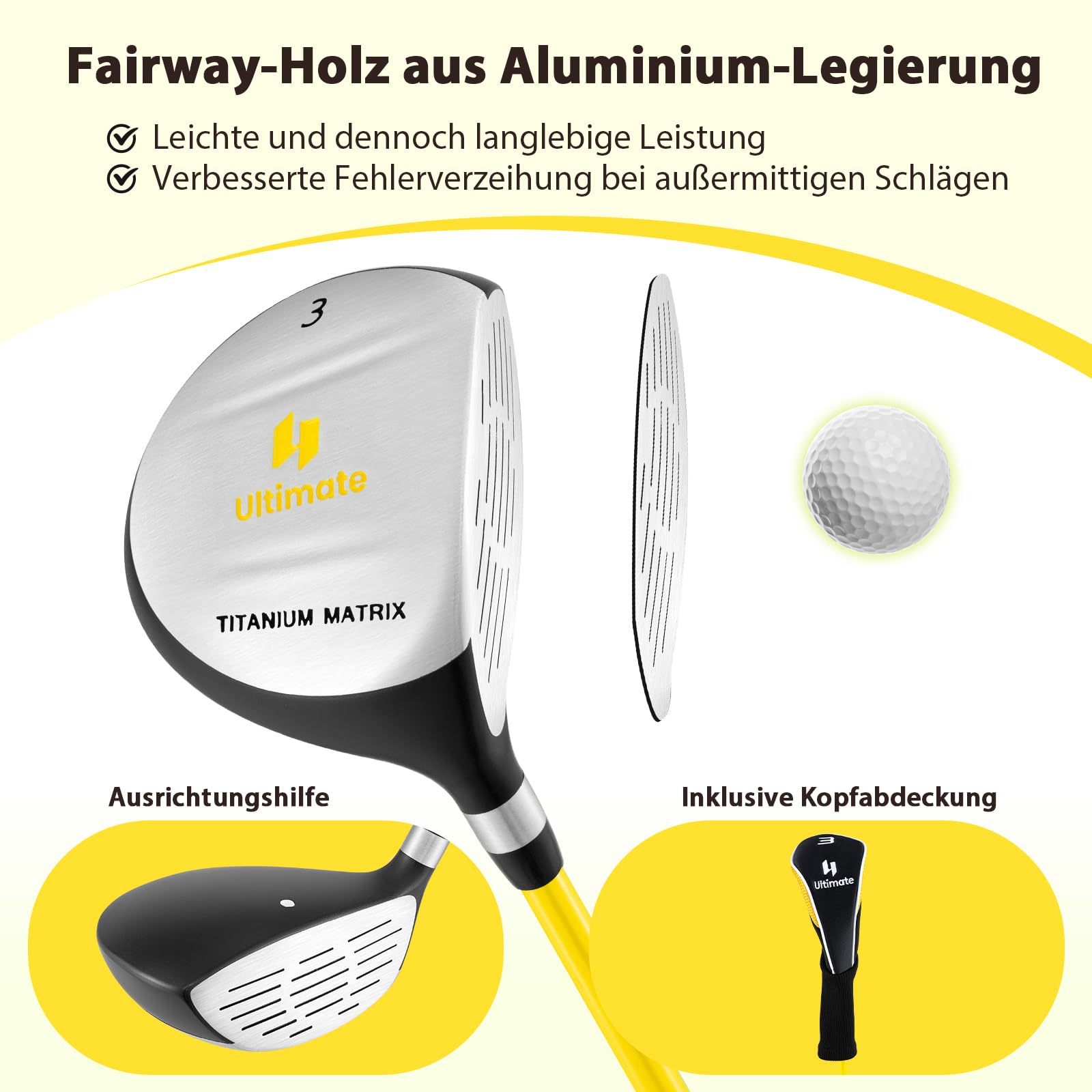 GYMAX #3 Fairway Woods für Kinder, Golfschläger mit Fiberglas-Schaft & Kopfschutz, für Rechtshänder, für Jungen & Mädchen im Alter 8-10 Jahre, Gelb