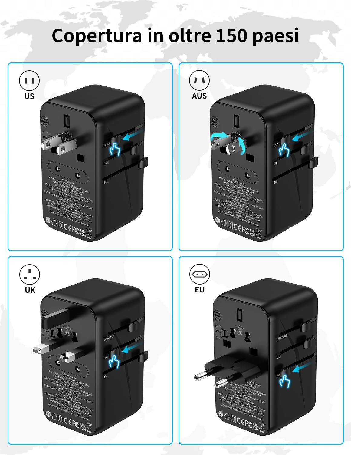MOMAX Adattatore Universale da Viaggio 100 W 5-in-1 USB-C USB-A AC Presa Universale 224+ Paesi