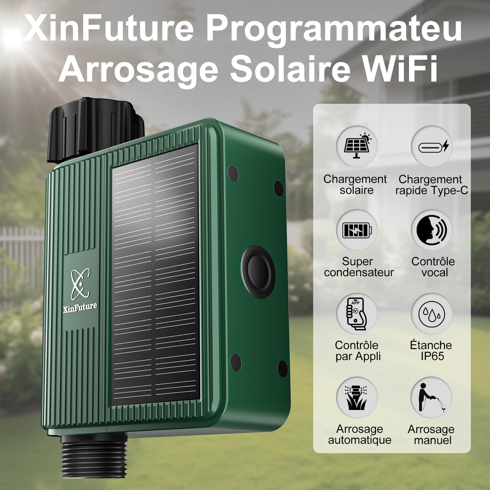 Programmateur Arrosage Automatique Solaire, Minuterie Arrosage Automatique pour Jardin, Système D'irrigation Automatique, Compatible avec Alexa/Google Home, Contrôle de I'irrigation pour Pelouse