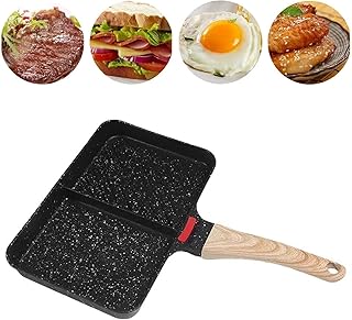 仕切りフライパン フライパン 仕切り 四角型 2つ穴 分割手入れ簡単 ステーキグリルパン 仕切り付き分割フライパン 朝食フライパンお弁当用 オール熱源対応 (Black)